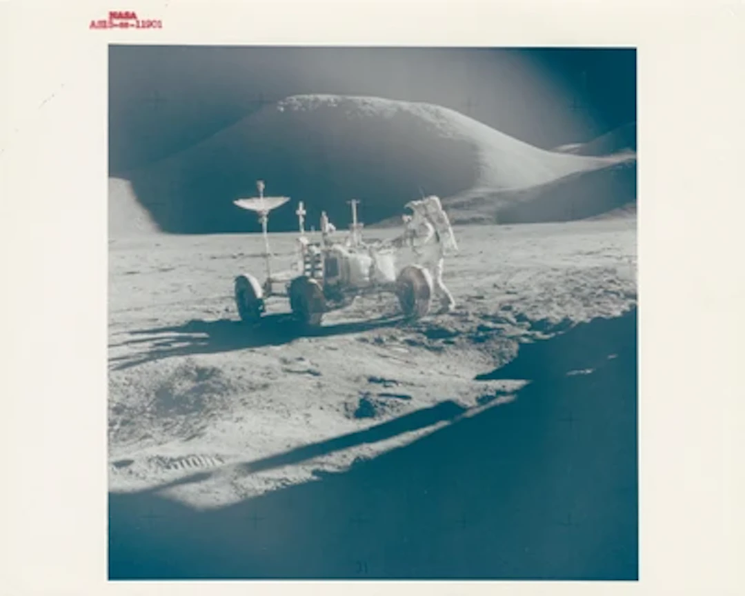 APOLLO 15 - James Irwin and the Lunar Rover at the Foot of Mount Hadley