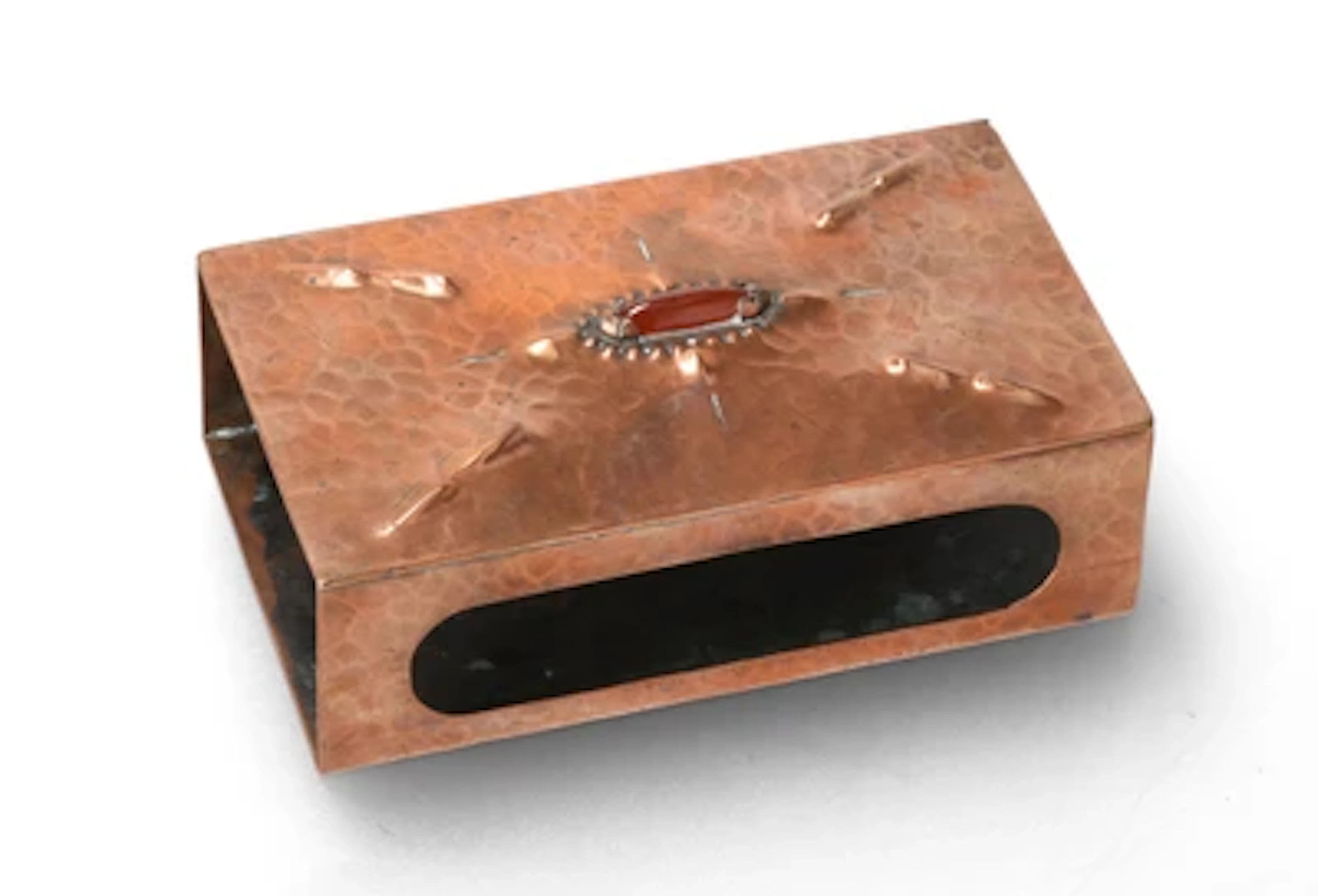 Conrad Fehn, a large copper matchbox holder with a gemstone, Haarlem, c. 1920