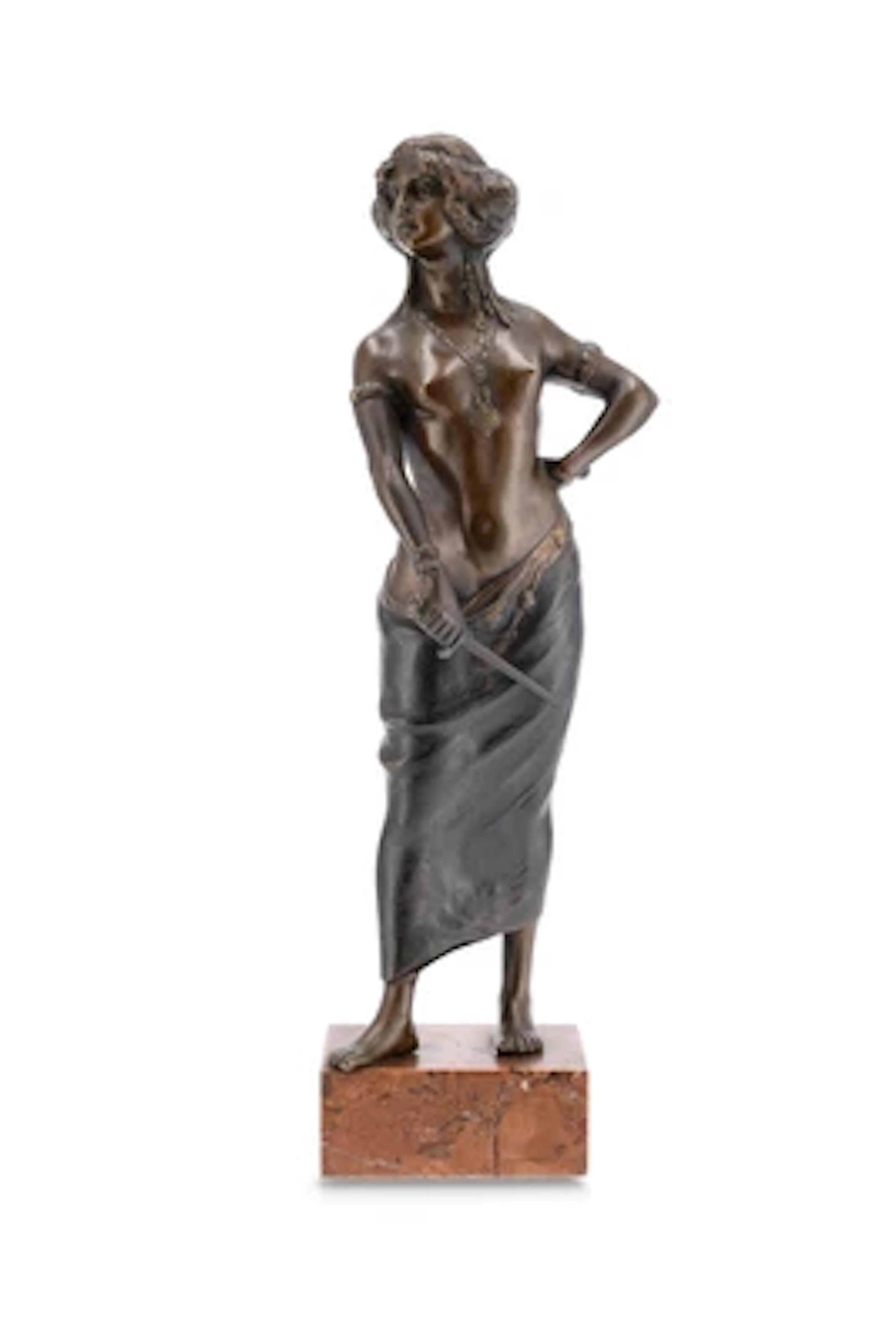 A bronze female semi-nude in Oriental dress with two daggers, c. 1900/15
