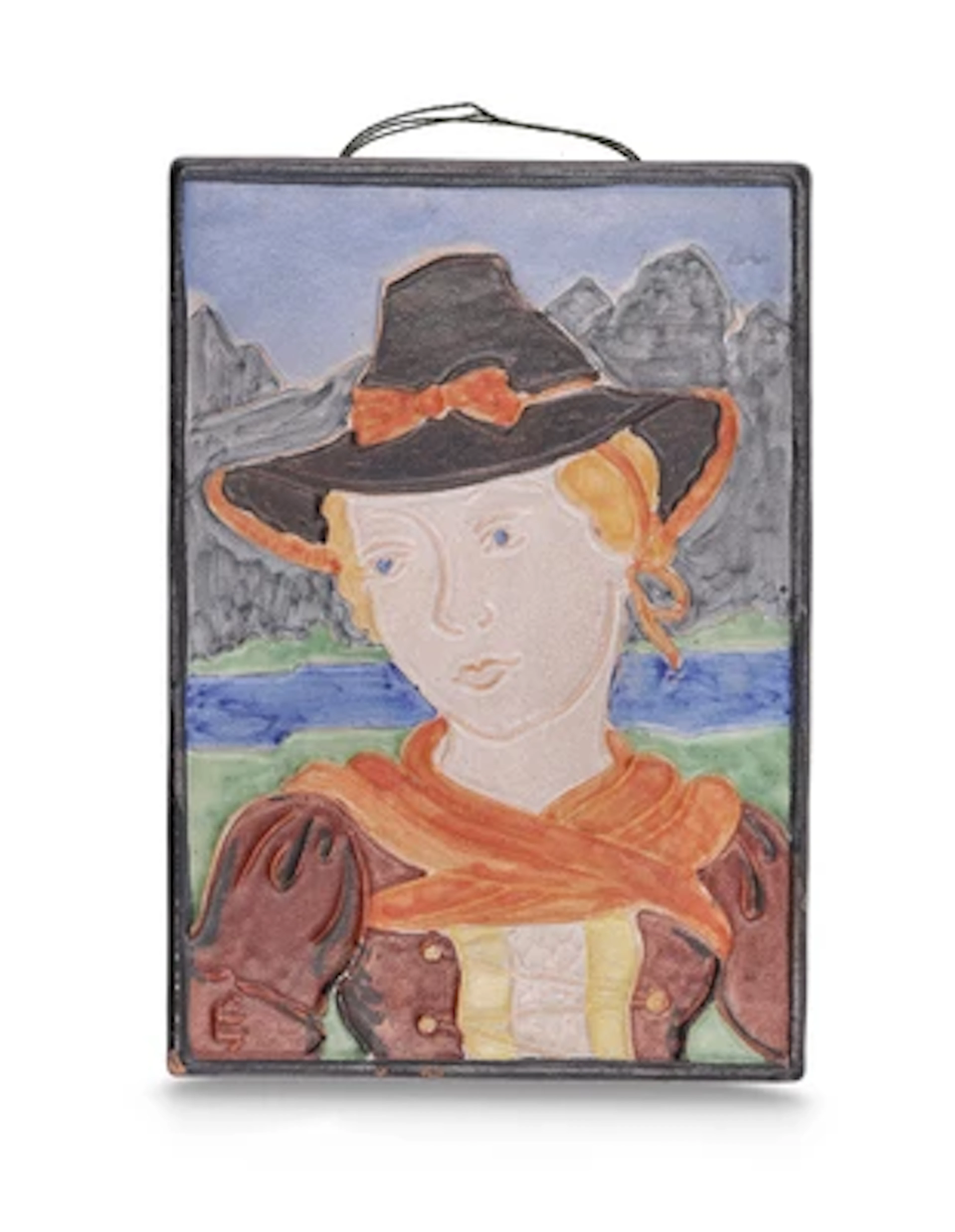 Emilie Schleiss, a wall tile: woman in traditional costume before