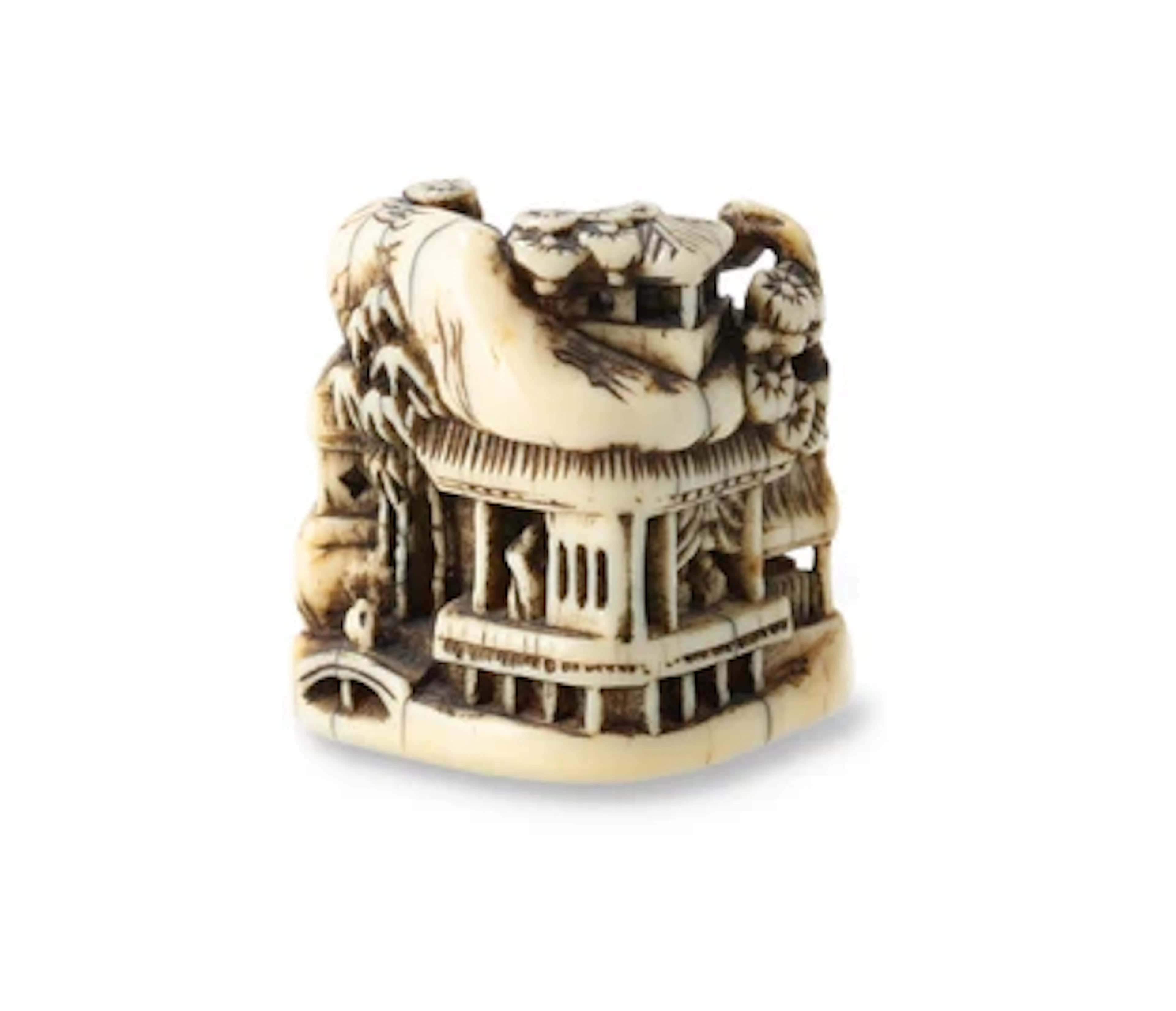 Netsuke eines Tempels mit Pilgern, Japan, 19. Jh.