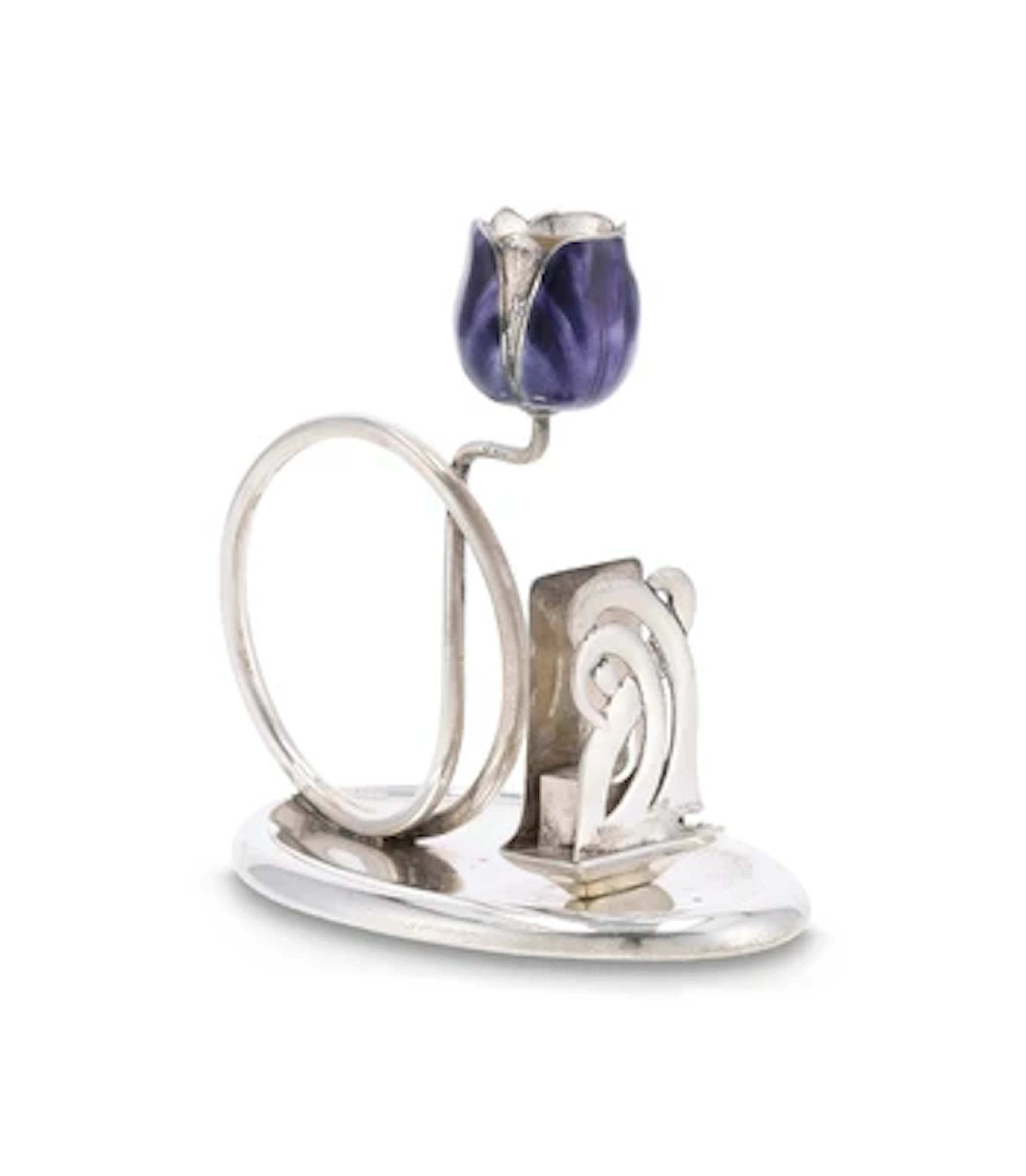 A chamberstick with enamelled flower and silver match holder, Georg