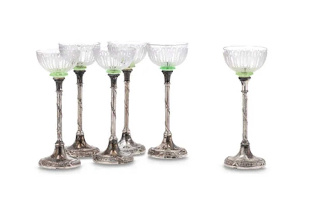 Six liqueur glasses with silver feet, Gebrüder Frank, Vienna, c. 1900