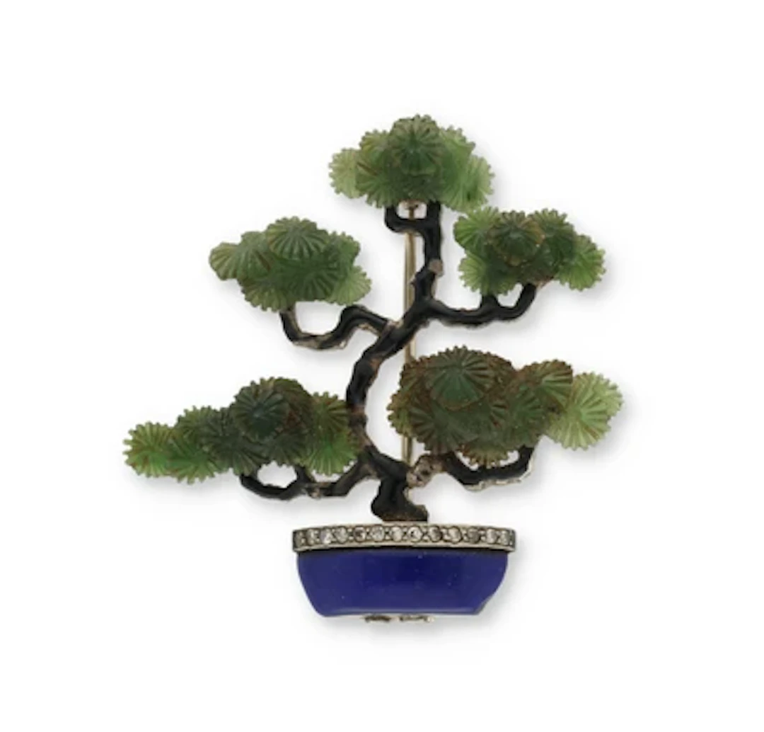 Achtkantdiamant Nephrit Brosche "Bonsai"