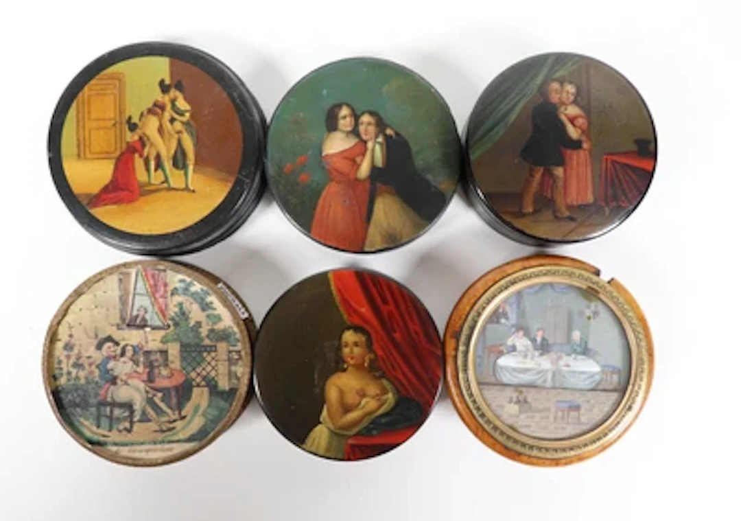 Sammlung sechs erotischer Dosen, vornehmlich Mitte 19. Jahrhundert