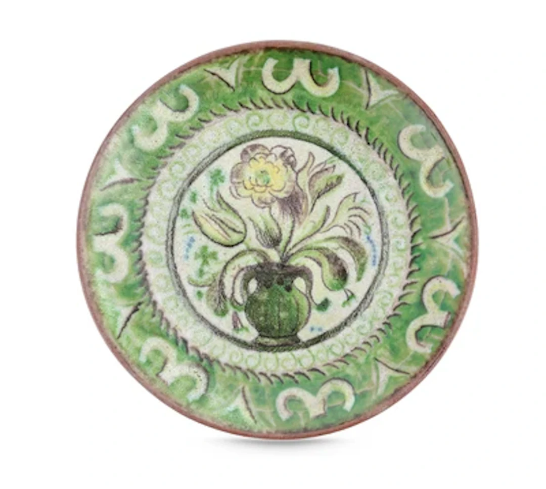 Ernst Huber, a 'Green' plate with vase of flowers, Schleiss Keramik