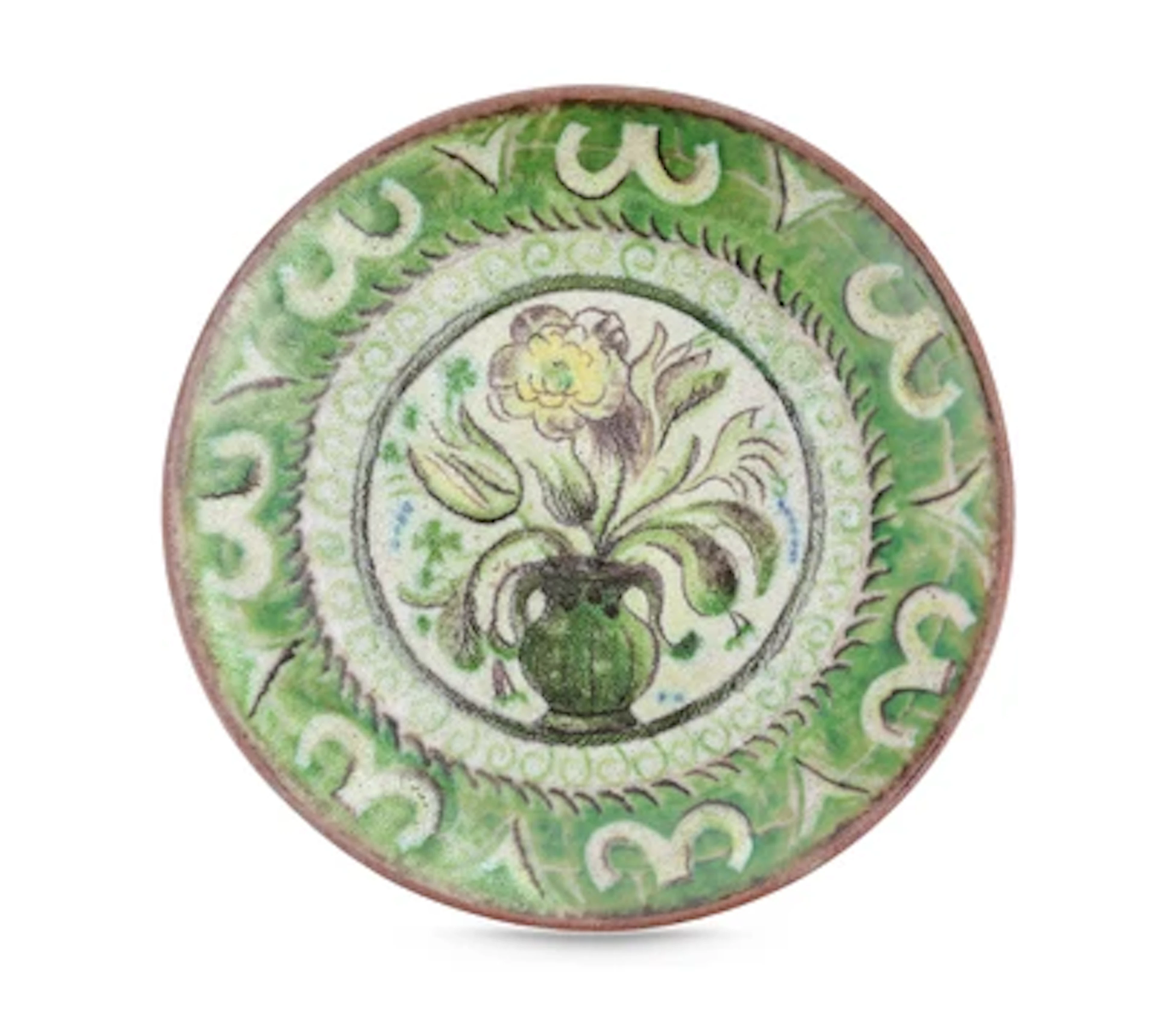 Ernst Huber, a 'Green' plate with vase of flowers, Schleiss Keramik