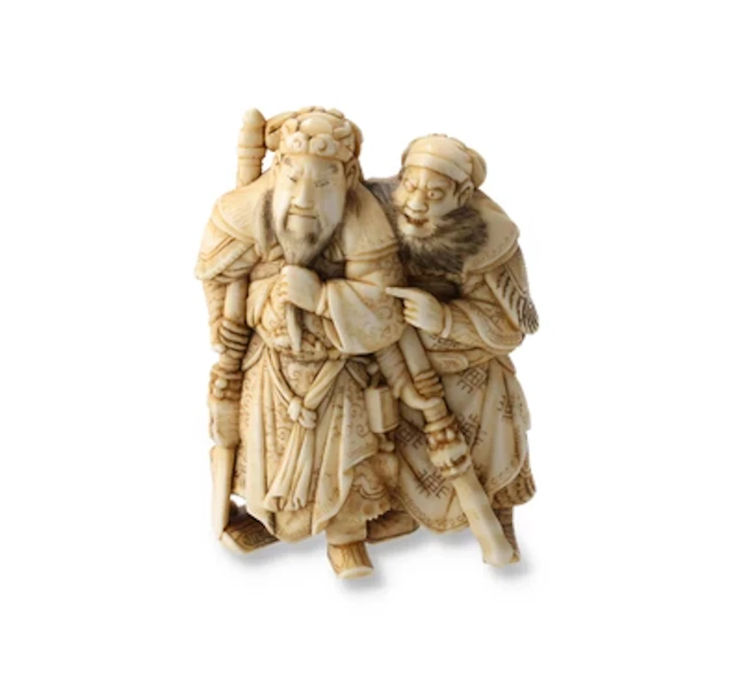 Netsuke des Guanyu und Zhang Fei, Japan, 19. Jh., signiert Tomochika