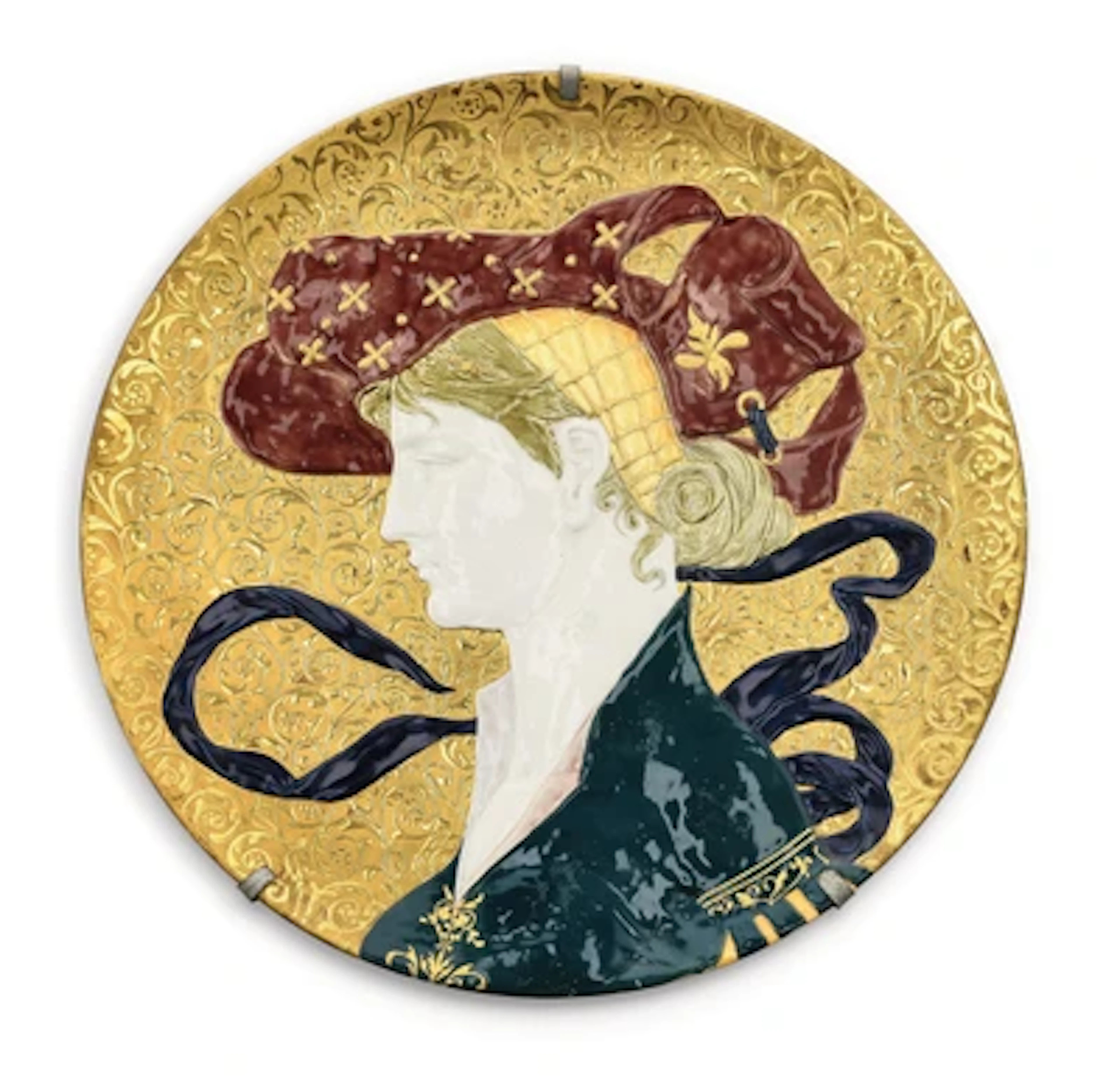 Ármin (Hermann) Klein (1855–1883), großer dekorativer Teller mit Profildarstellung einer Dame mit Hut im Neo-Renaissancestil, Firma Zsolnay, Pécs, um 1880