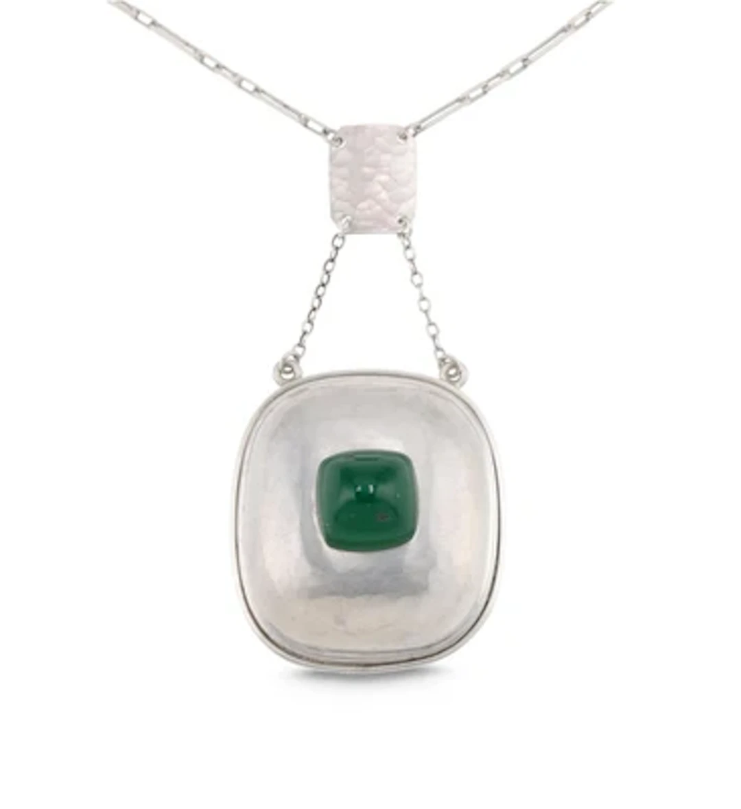 A necklace with a silver pendant with chrysoprase and hammered decoration