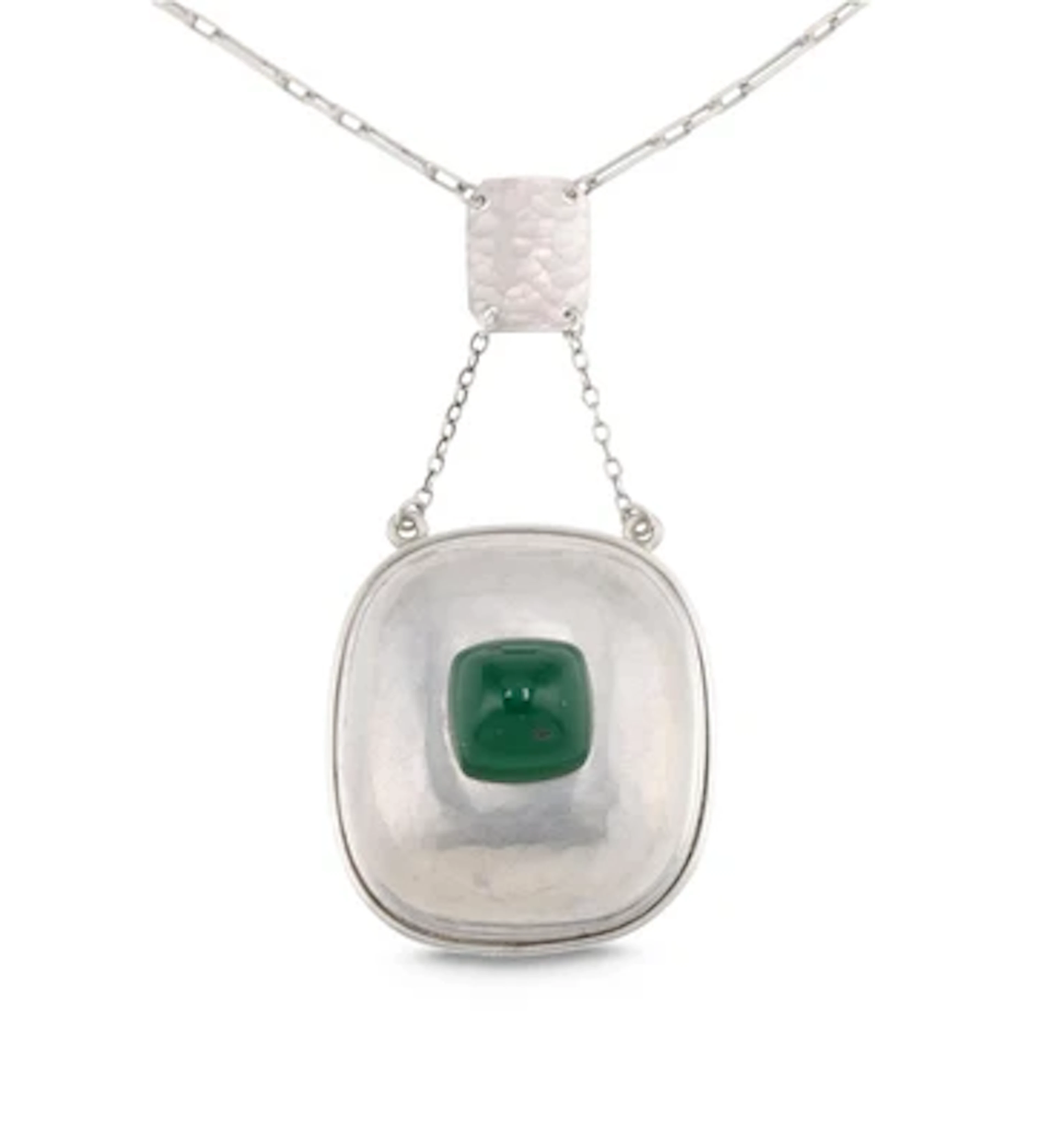 A necklace with a silver pendant with chrysoprase and hammered decoration