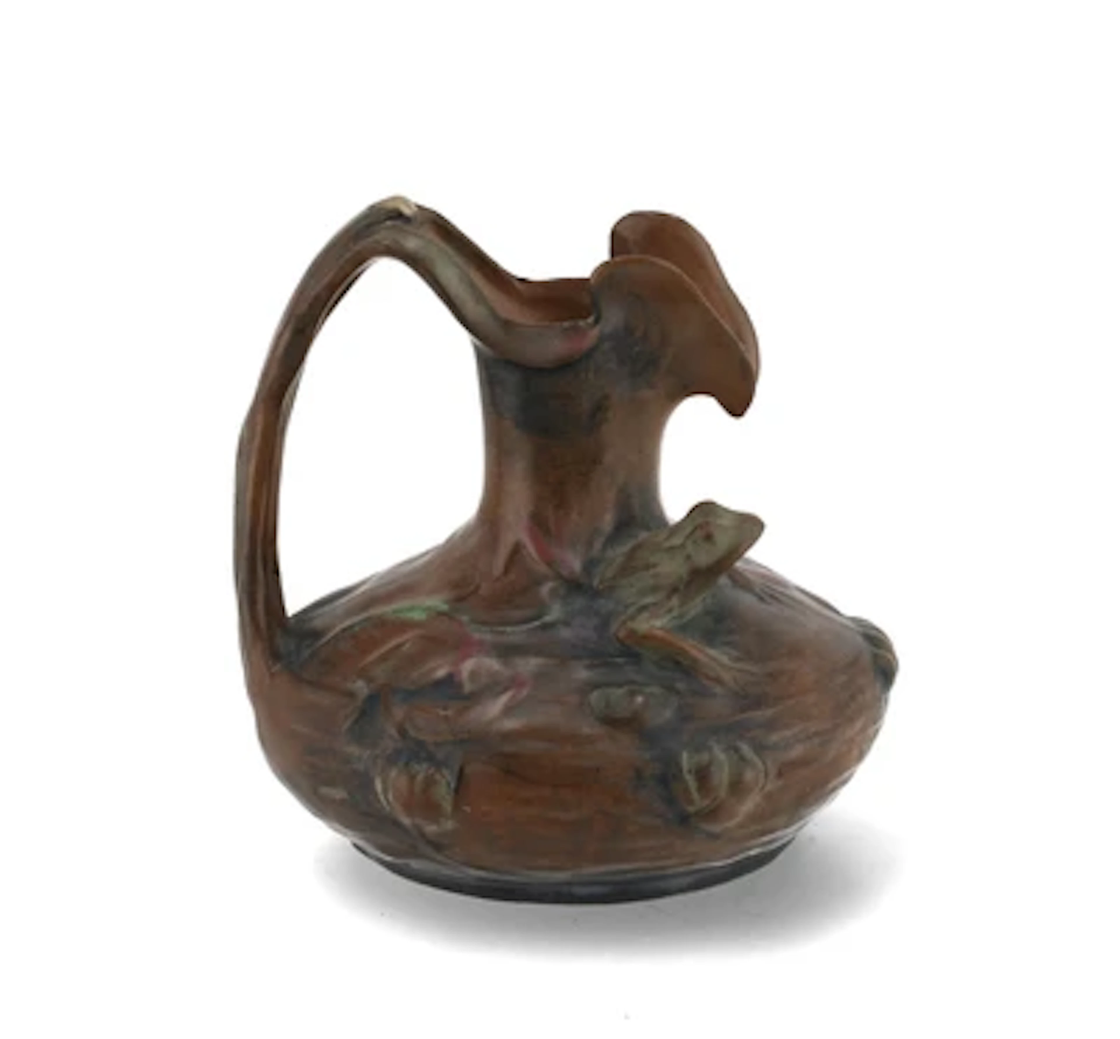 A handled jug with a sculptural frog in a pond landscape, probably