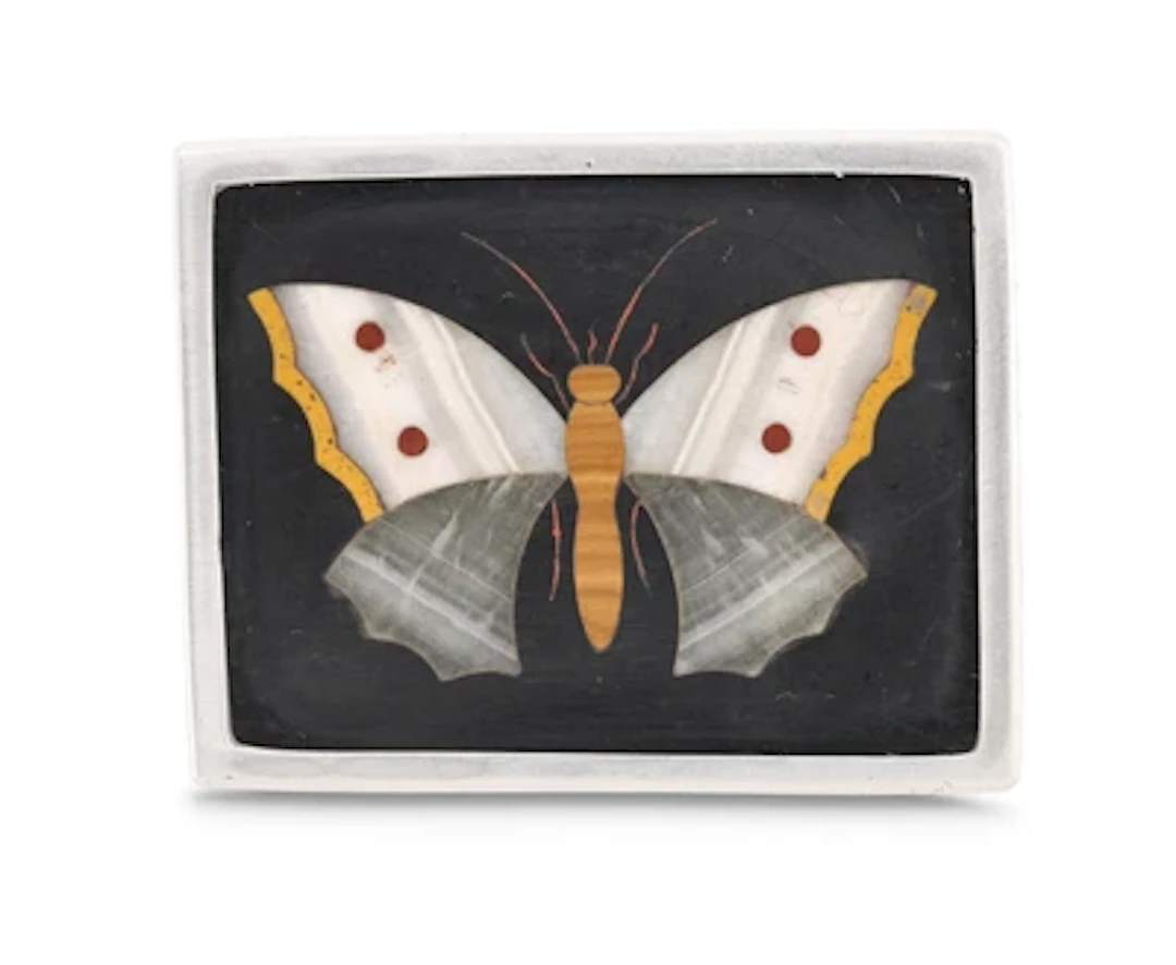 A brooch with a butterfly in pietra dura inlay and silver mount, Joseph