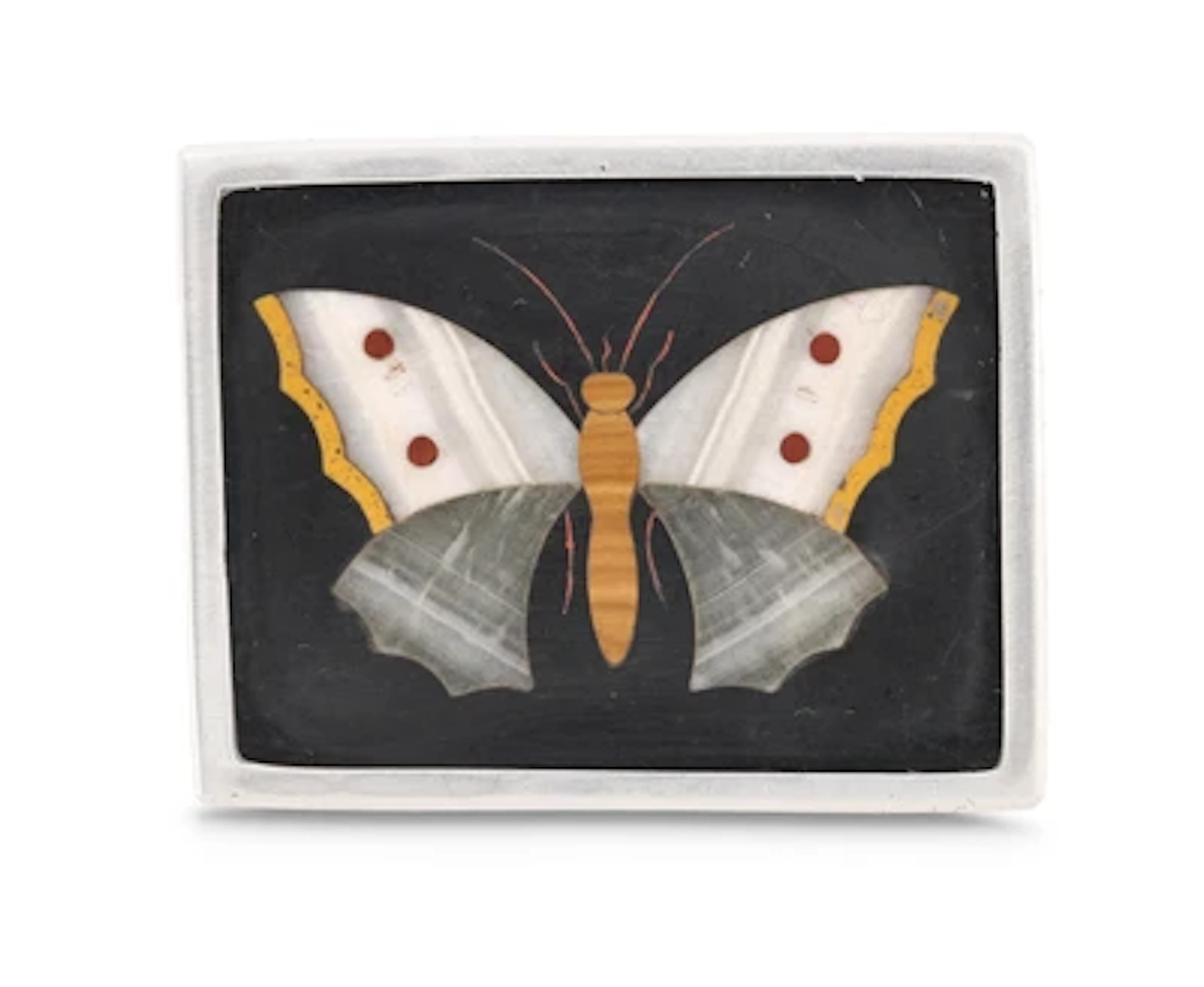A brooch with a butterfly in pietra dura inlay and silver mount, Joseph
