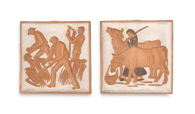 Hertha Bucher, two wall tiles with scenes of field work, c. 1955