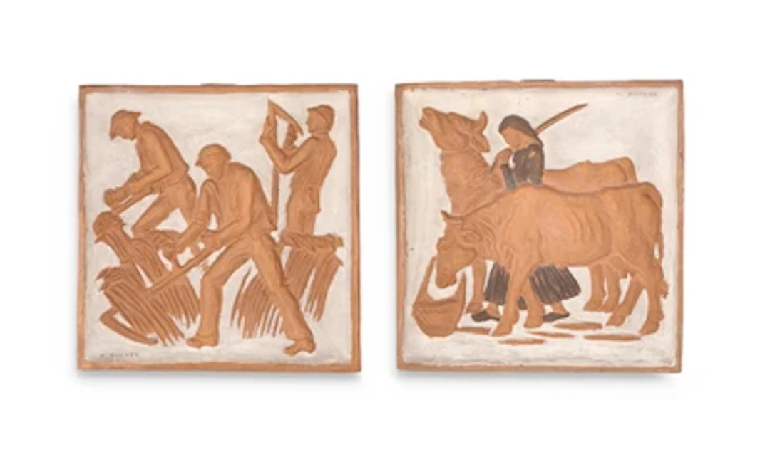 Hertha Bucher, two wall tiles with scenes of field work, c. 1955
