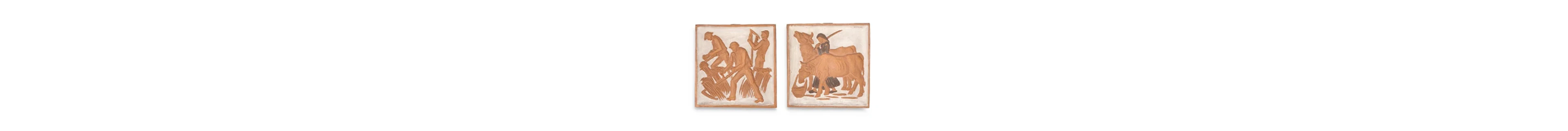 Hertha Bucher, two wall tiles with scenes of field work, c. 1955