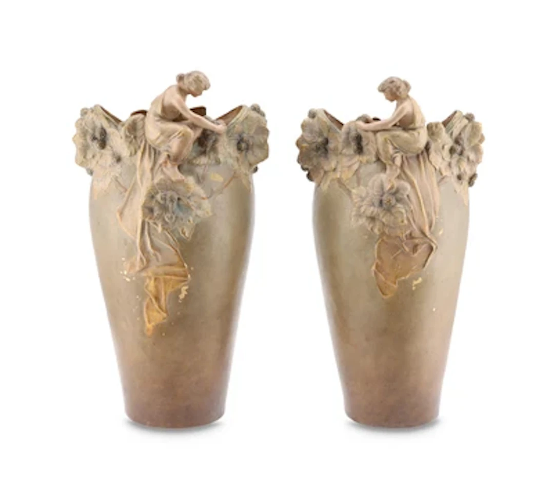 Hugo Uher, two tall vases with female figures and blackberry decoration