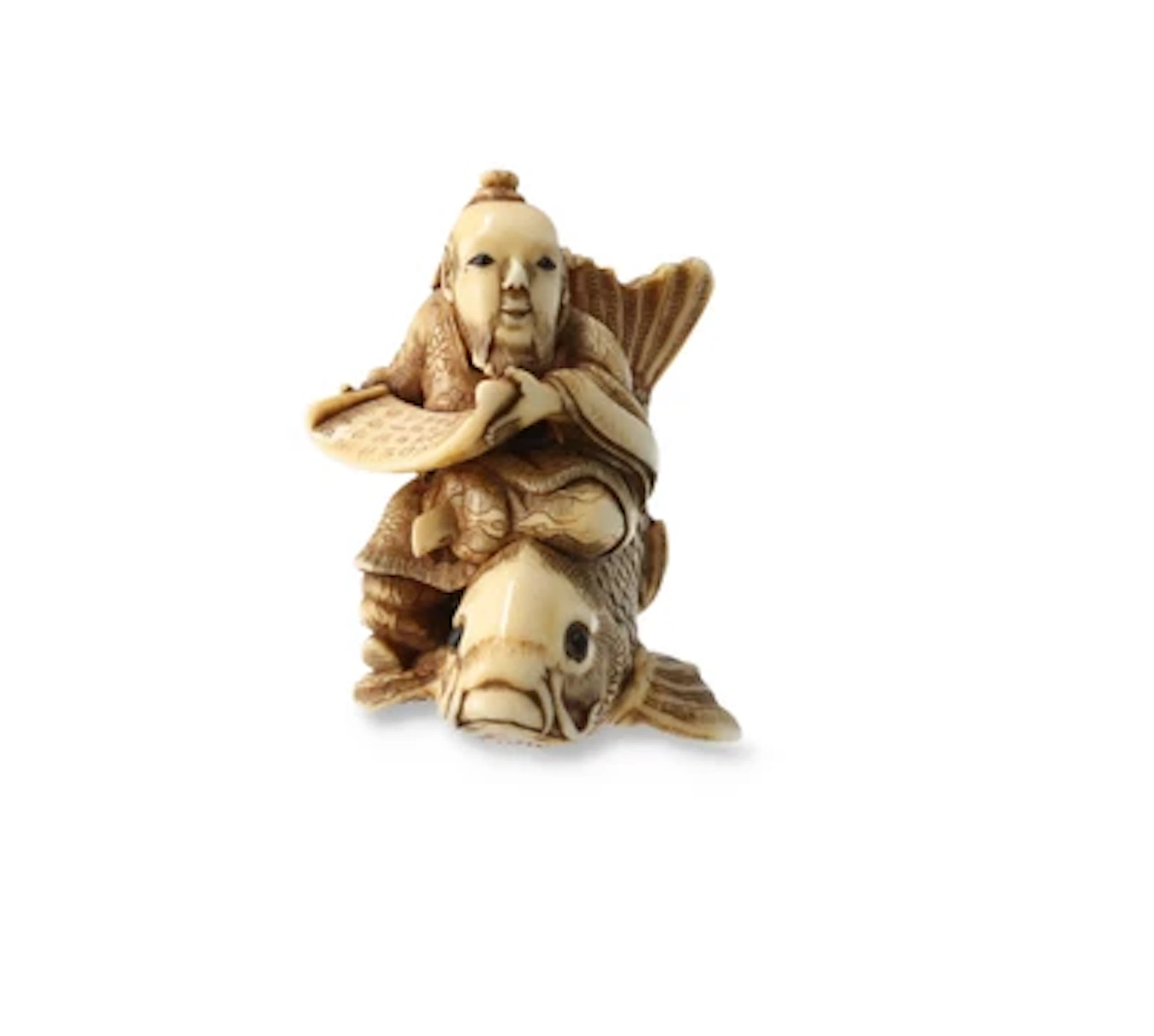 Netsuke des Sennin Kinko auf Koi Karpfen, Japan, 19. Jh., signiert Ikko