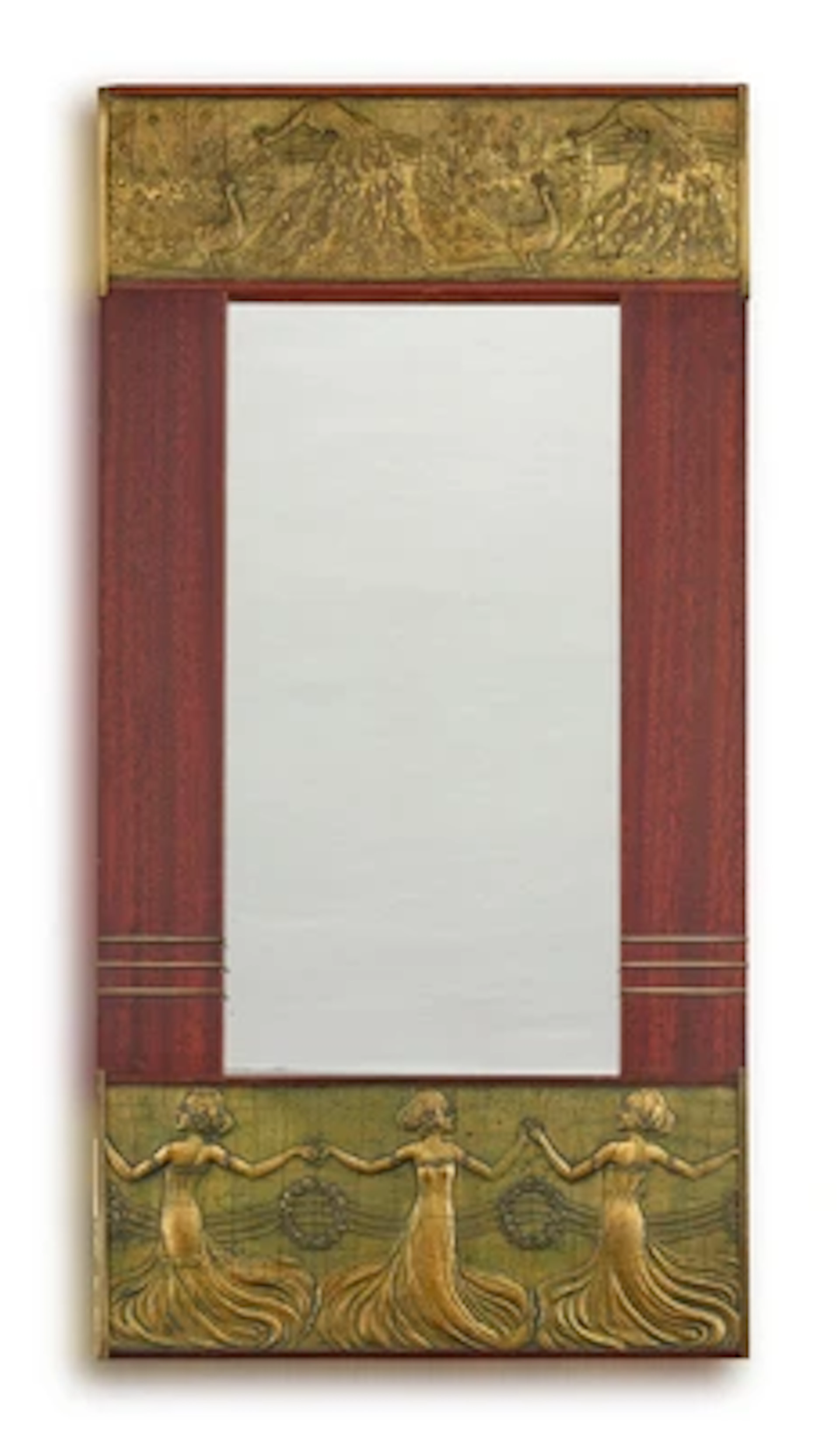 A rectangular mirror with gilt female dancers and peacocks, c. 1920