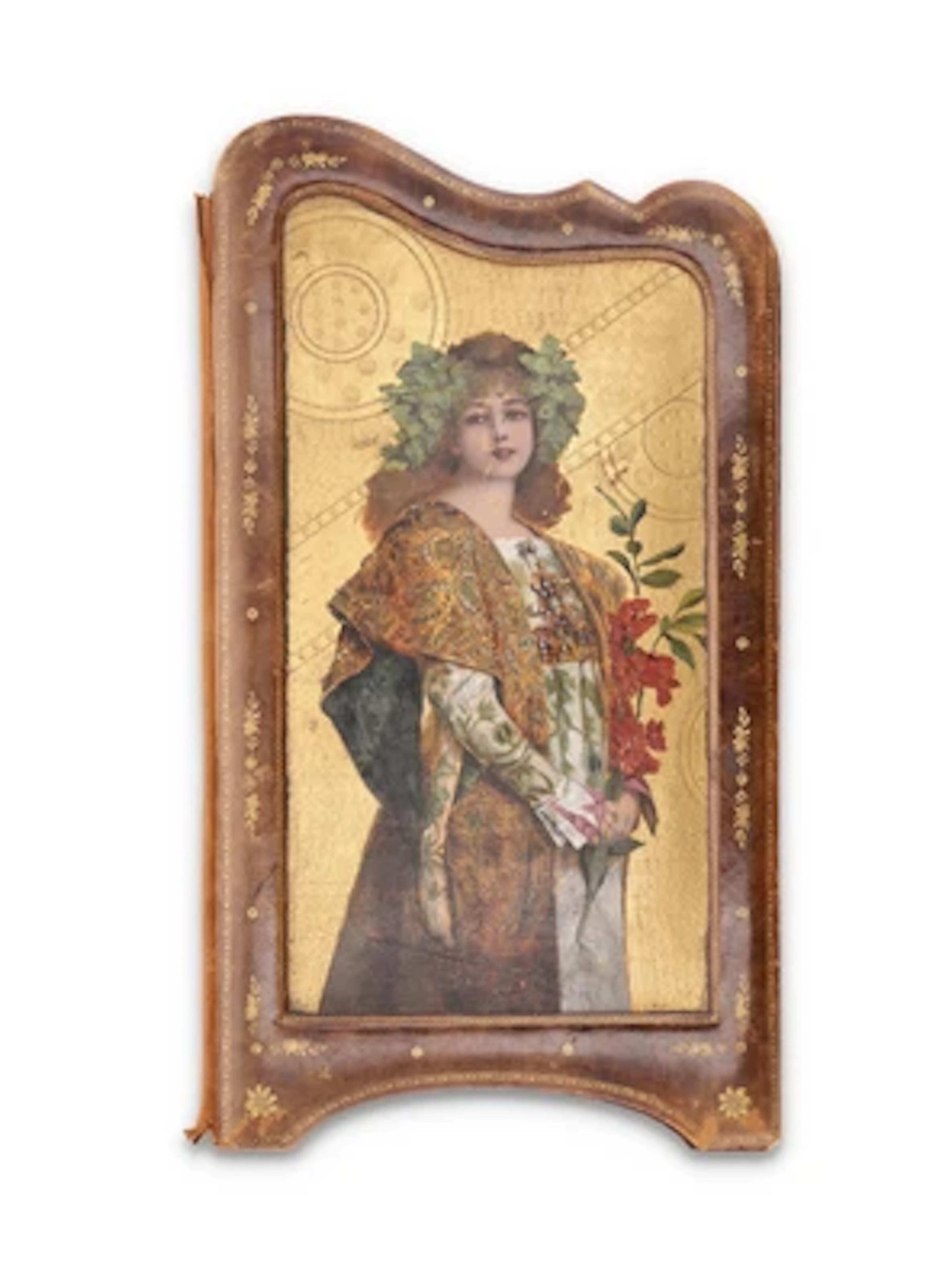 A leather stand featuring a Makart-style oil painting, with internal