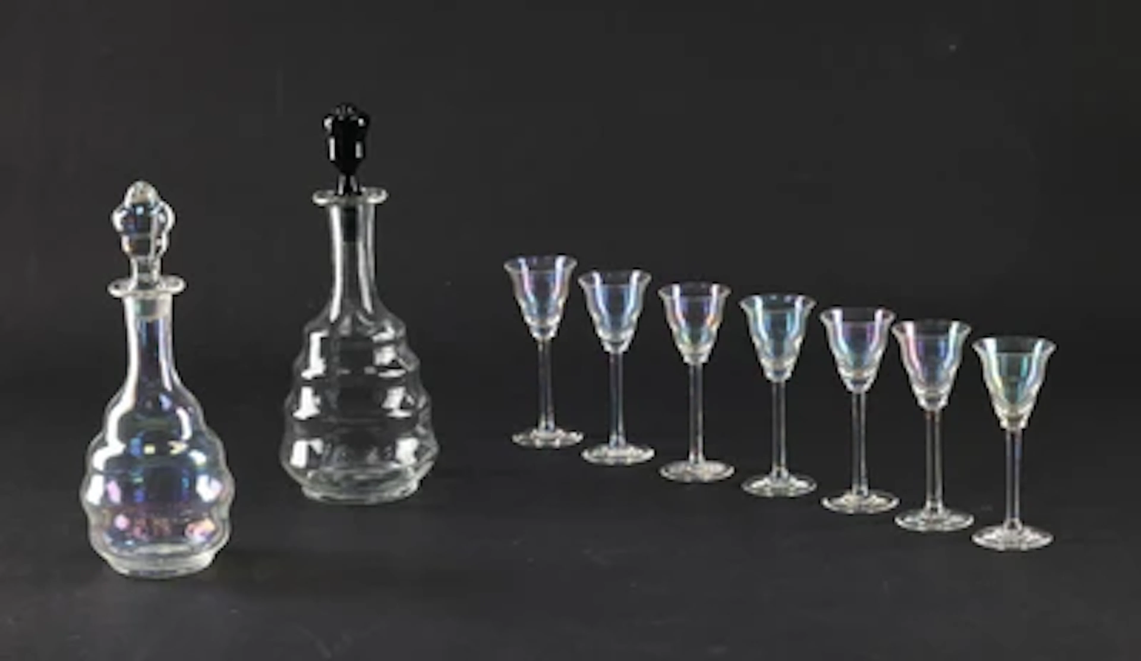 A liqueur set in the manner of Josef Hoffmann, comprising: two decanters