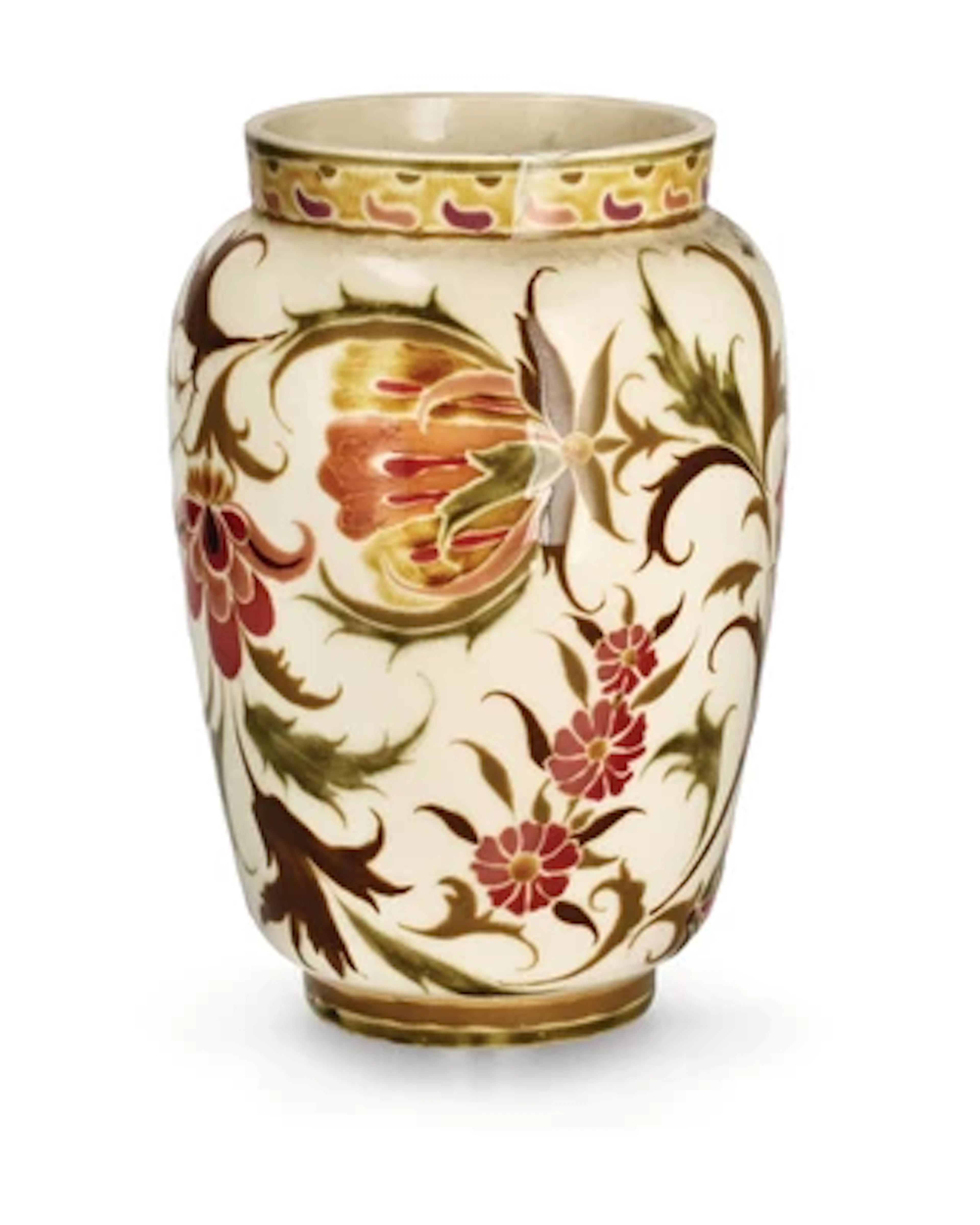 Vase mit floraler Komposition, Firma Zsolnay, Pécs, um 1889