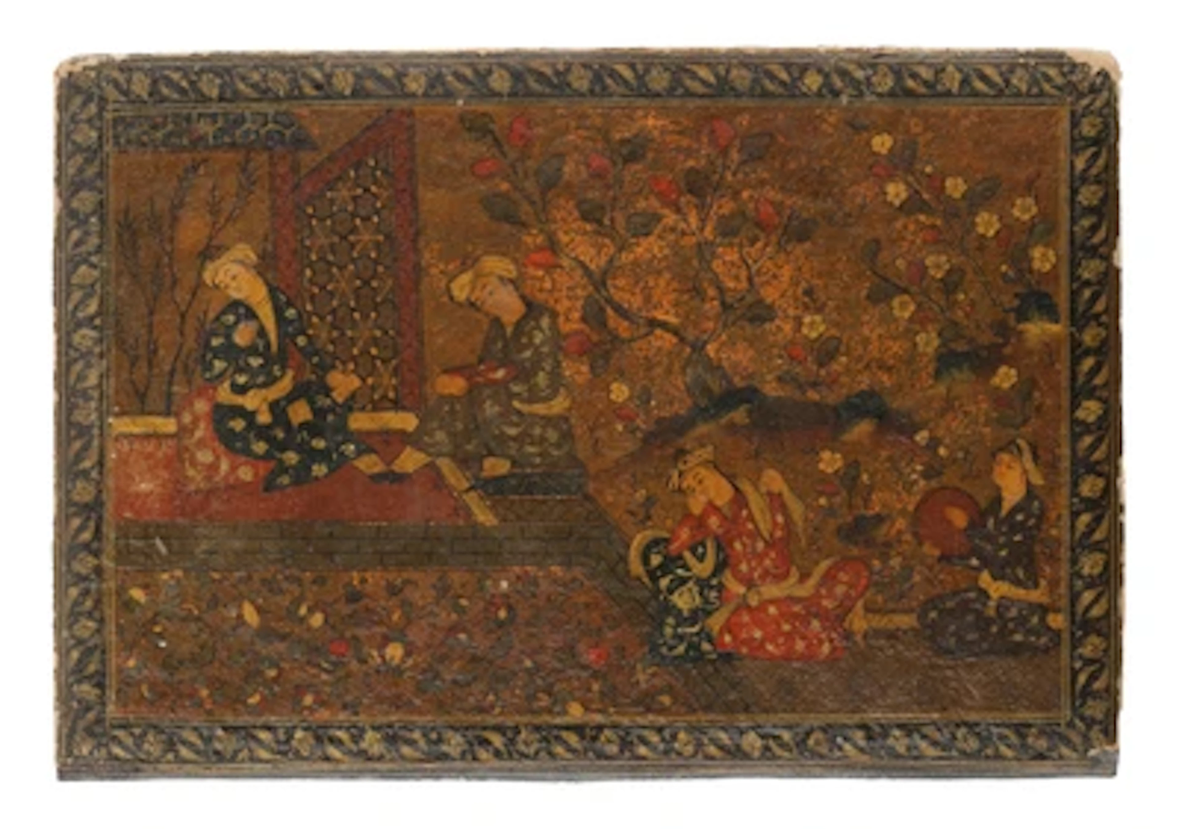 Persian Quajar Front Book Cover, "Musical Scene in a Lavish Garden"