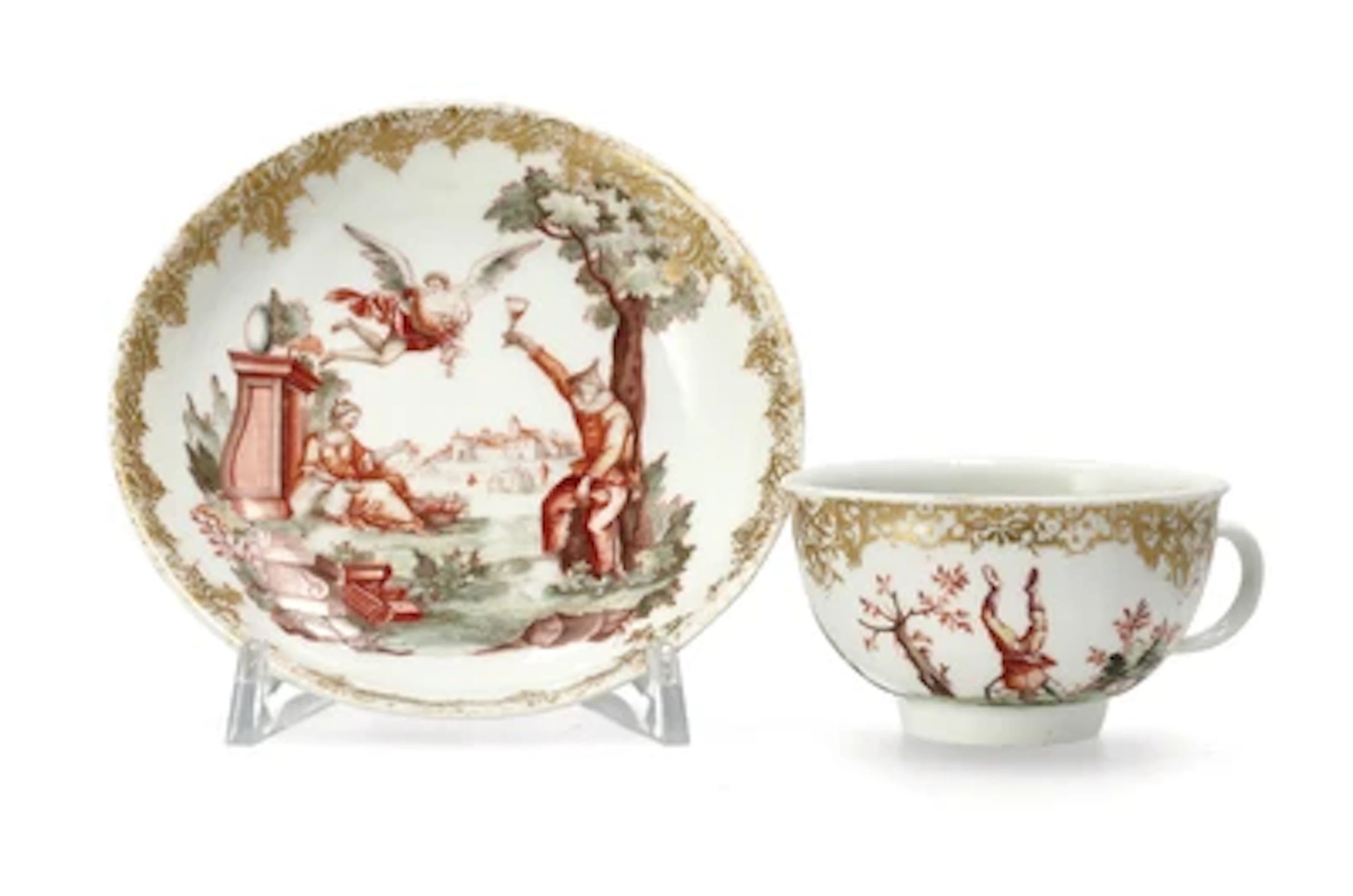 Tasse und ähnliche Unterschale mit Hausmalerei, Meissen um 1750, Werkstatt Franz Ferdinand Meyer zu Pressnitz