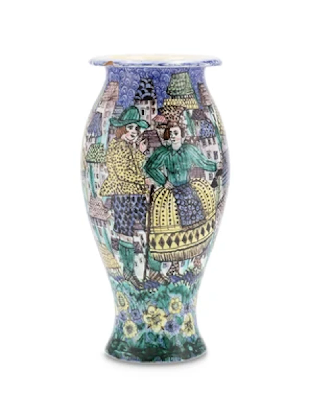 Vase mit Trachtenfiguren vor Dächerlandschaft, Formentwurf: Egon Huber
