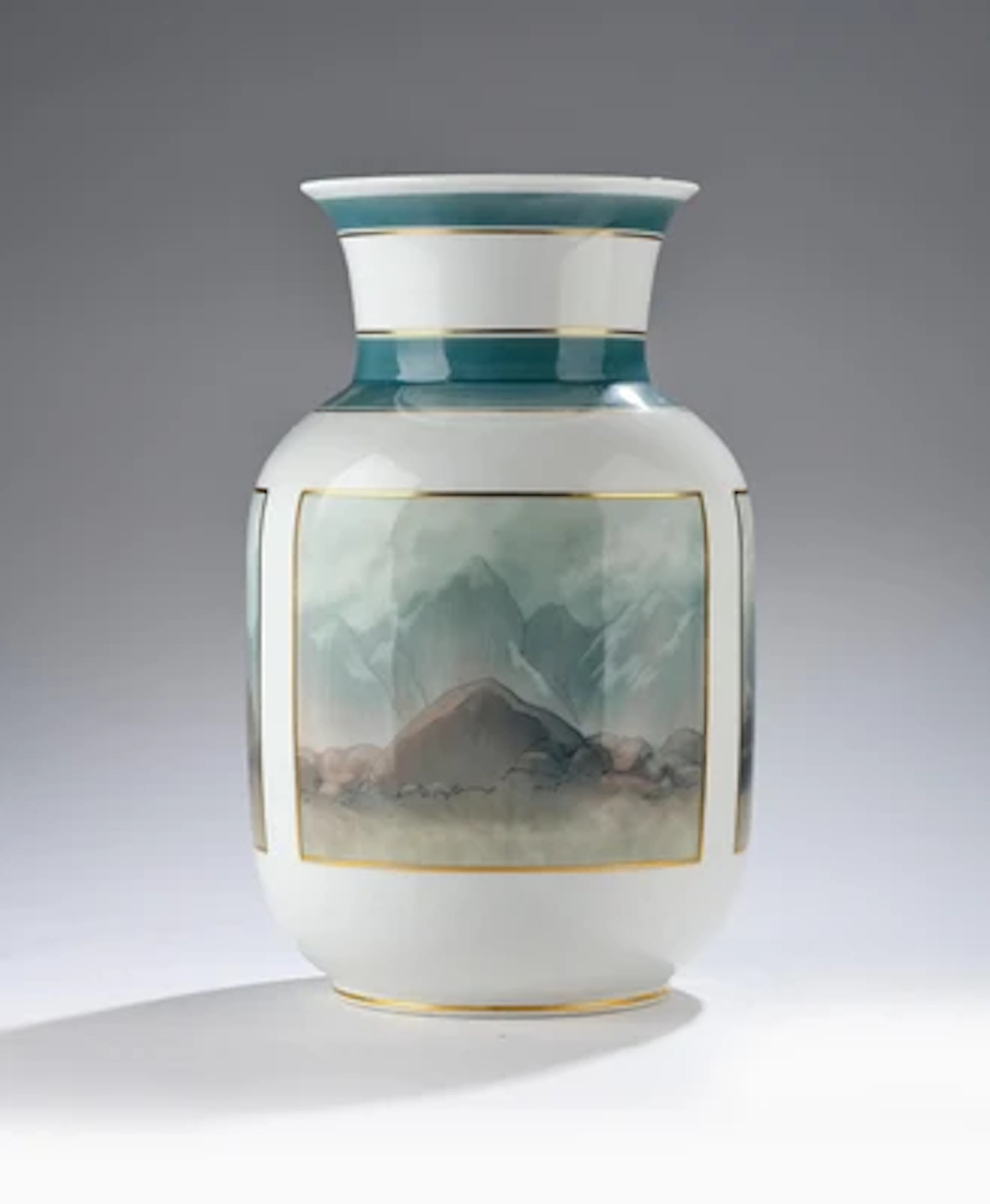 Theodor Schmuz-Baudiss, a tall vase with tripartite mountain landscape