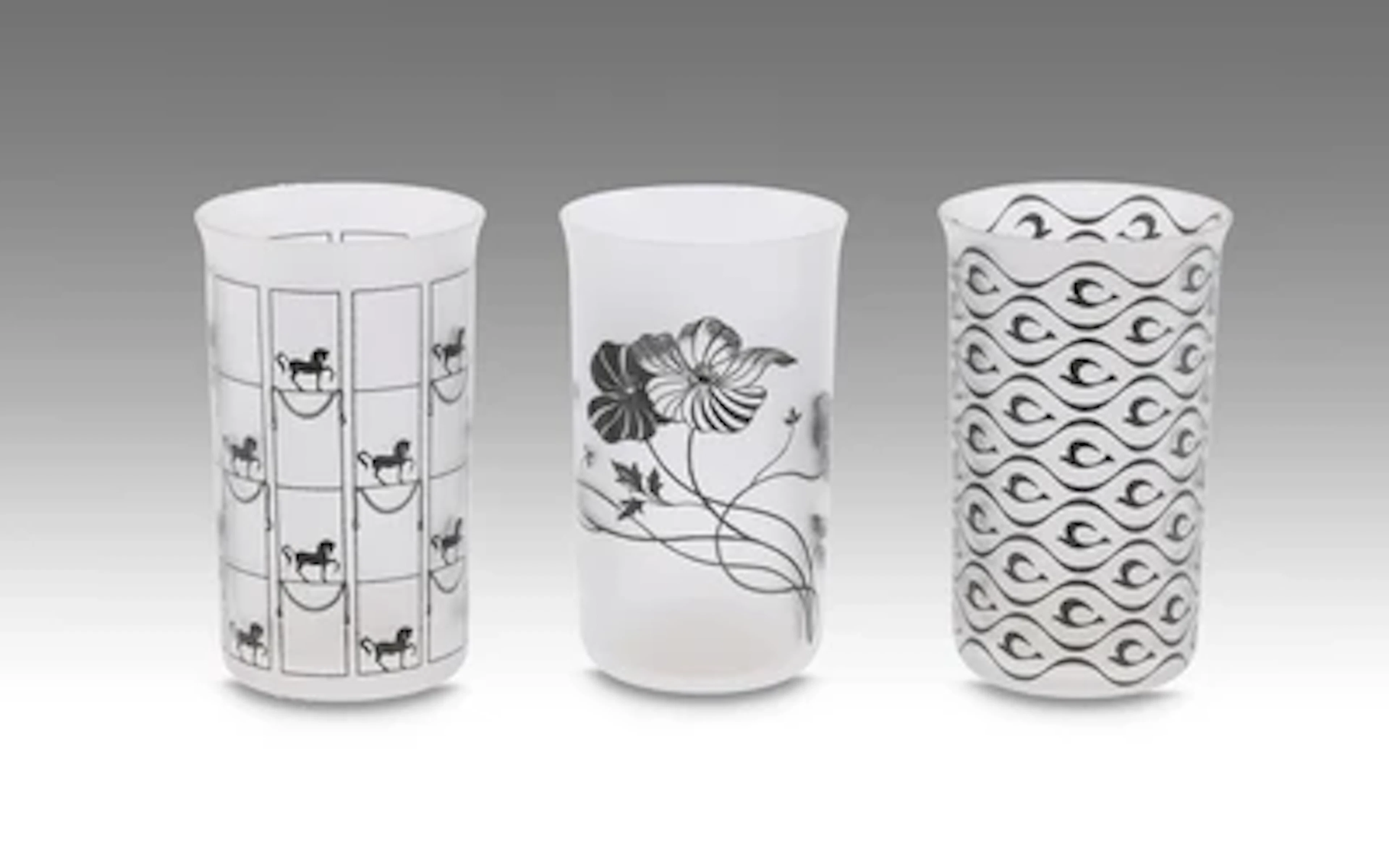Three corningware cups: "Horses", "Flowers" and "Play of Waves", form