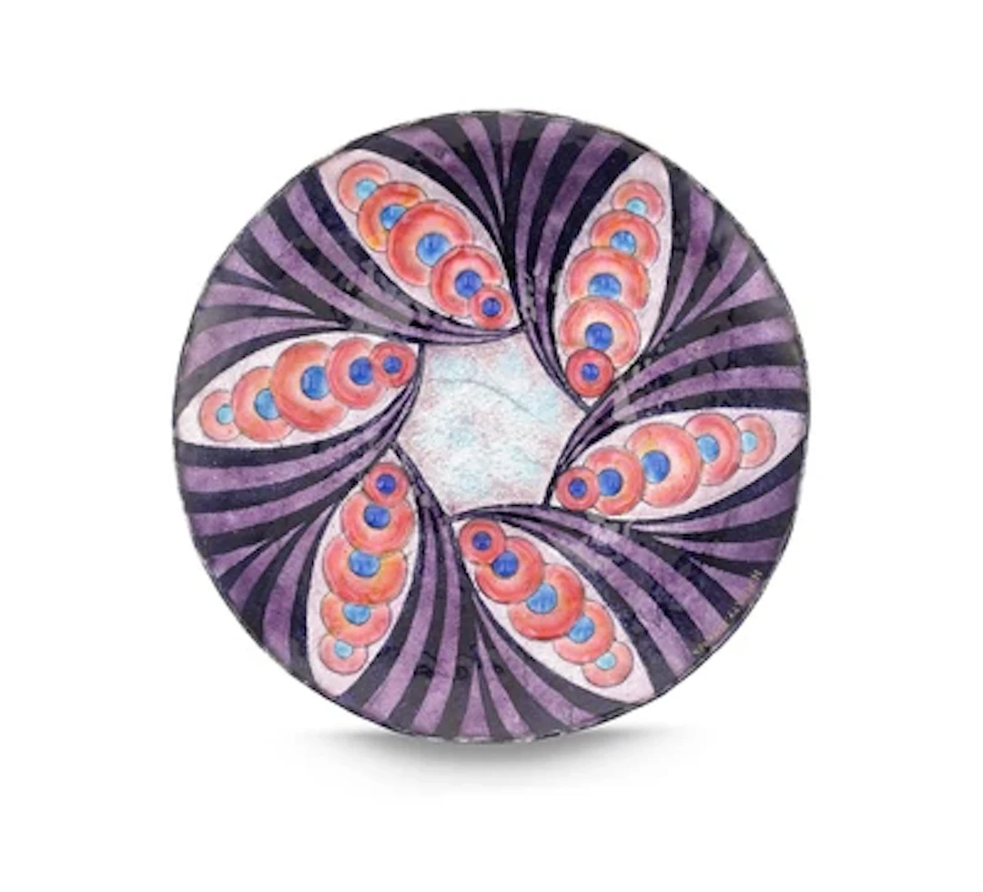 Henriette Marty, an enamelled plate with geometric decoration, Limoges, c. 1930