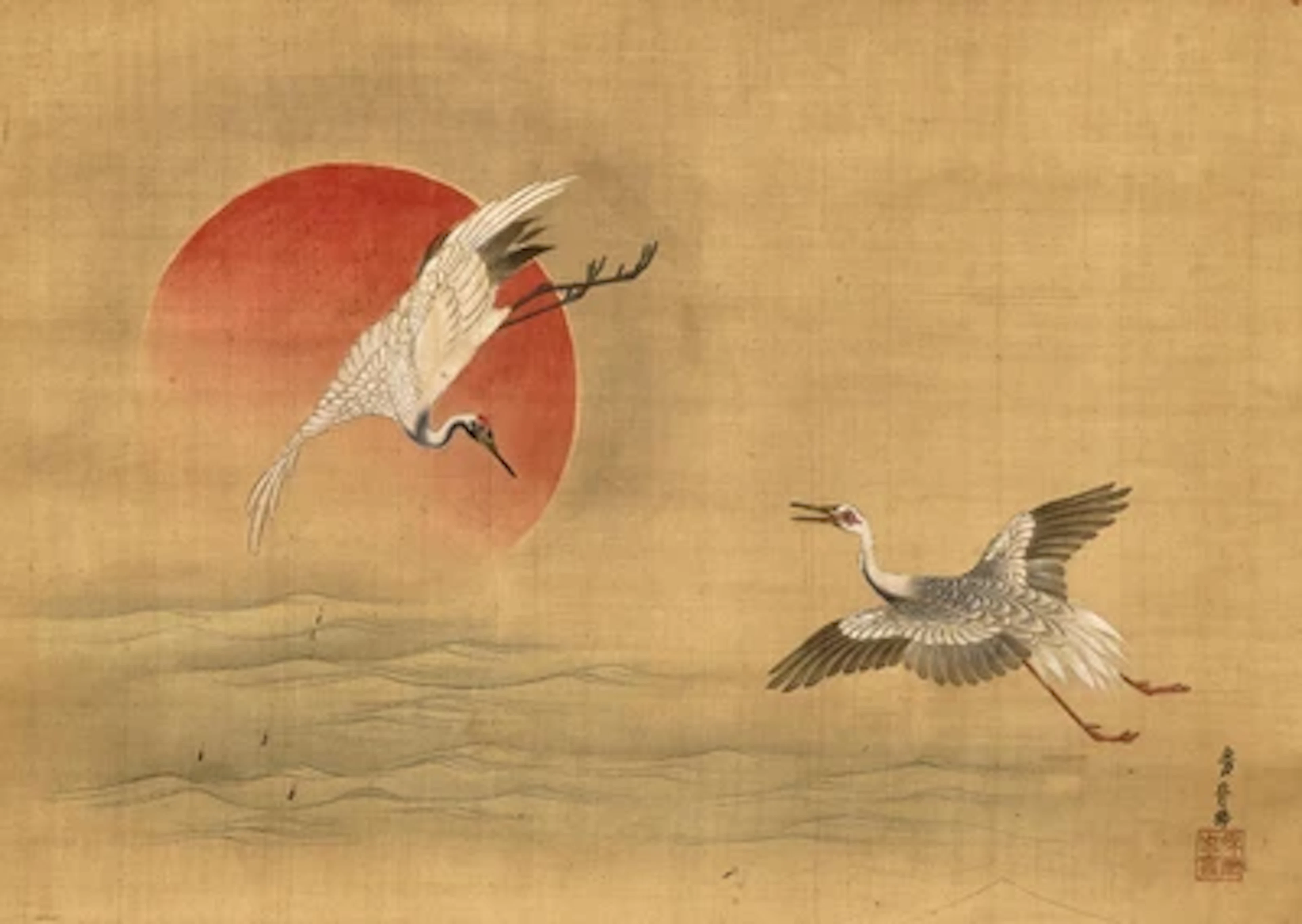 Itaya Keishu (1729-1797) Two Cranes flying into the Sun Set