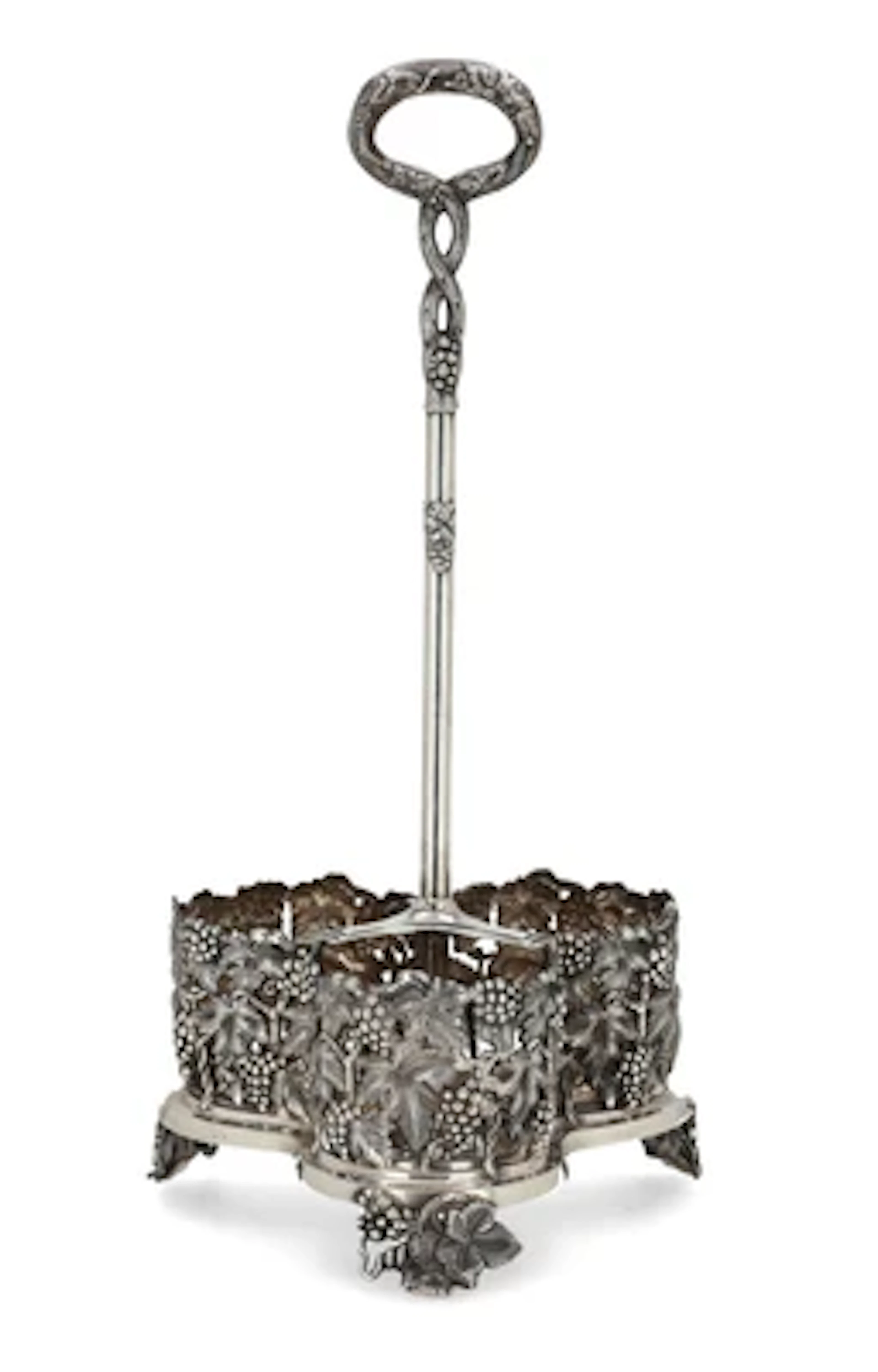 A three-piece sterling silver bottle holder with vine tendrils, Topazio