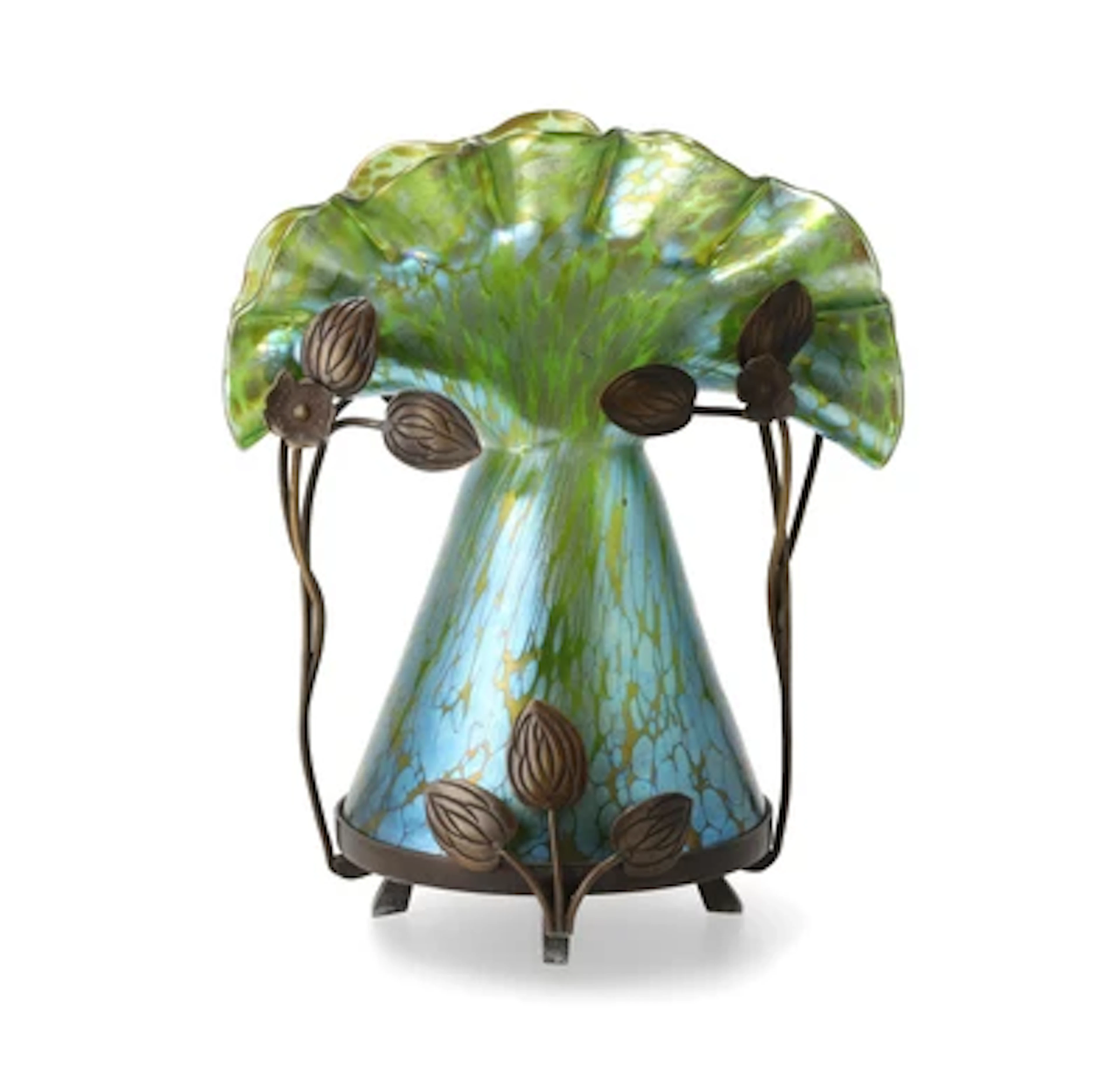 A tall vase with leaf and flower-shaped brass mount, Johann Lötz Witwe