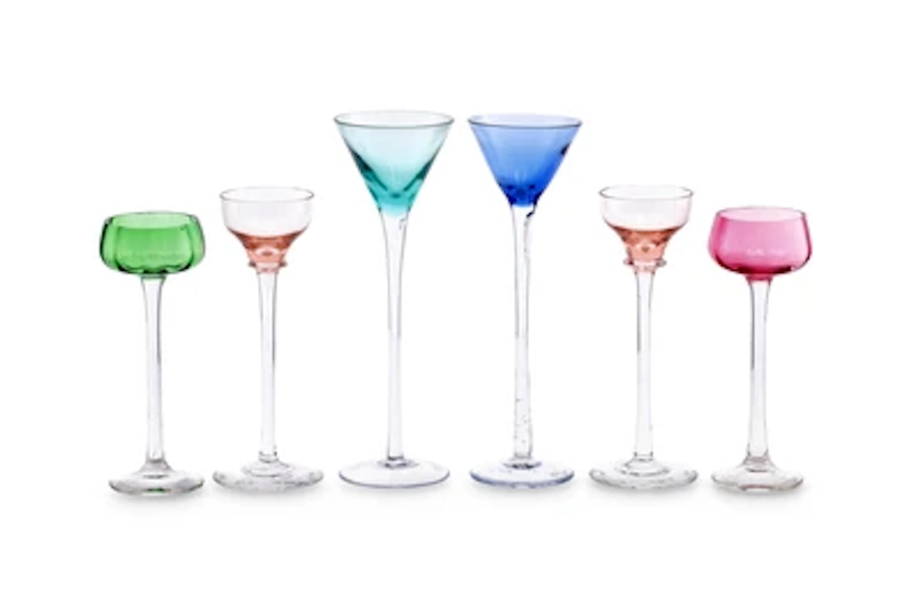 Six different liqueur glasses, in the manner of Koloman Moser