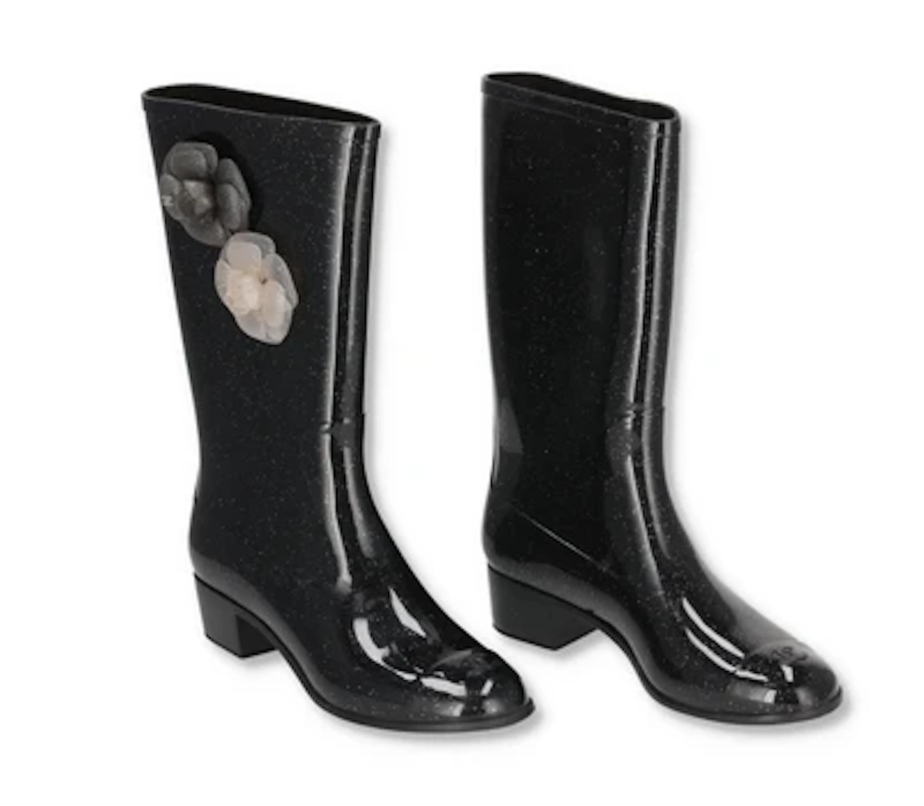CHANEL - Glitzernde Regenstiefel mit Kamelien Appliqués