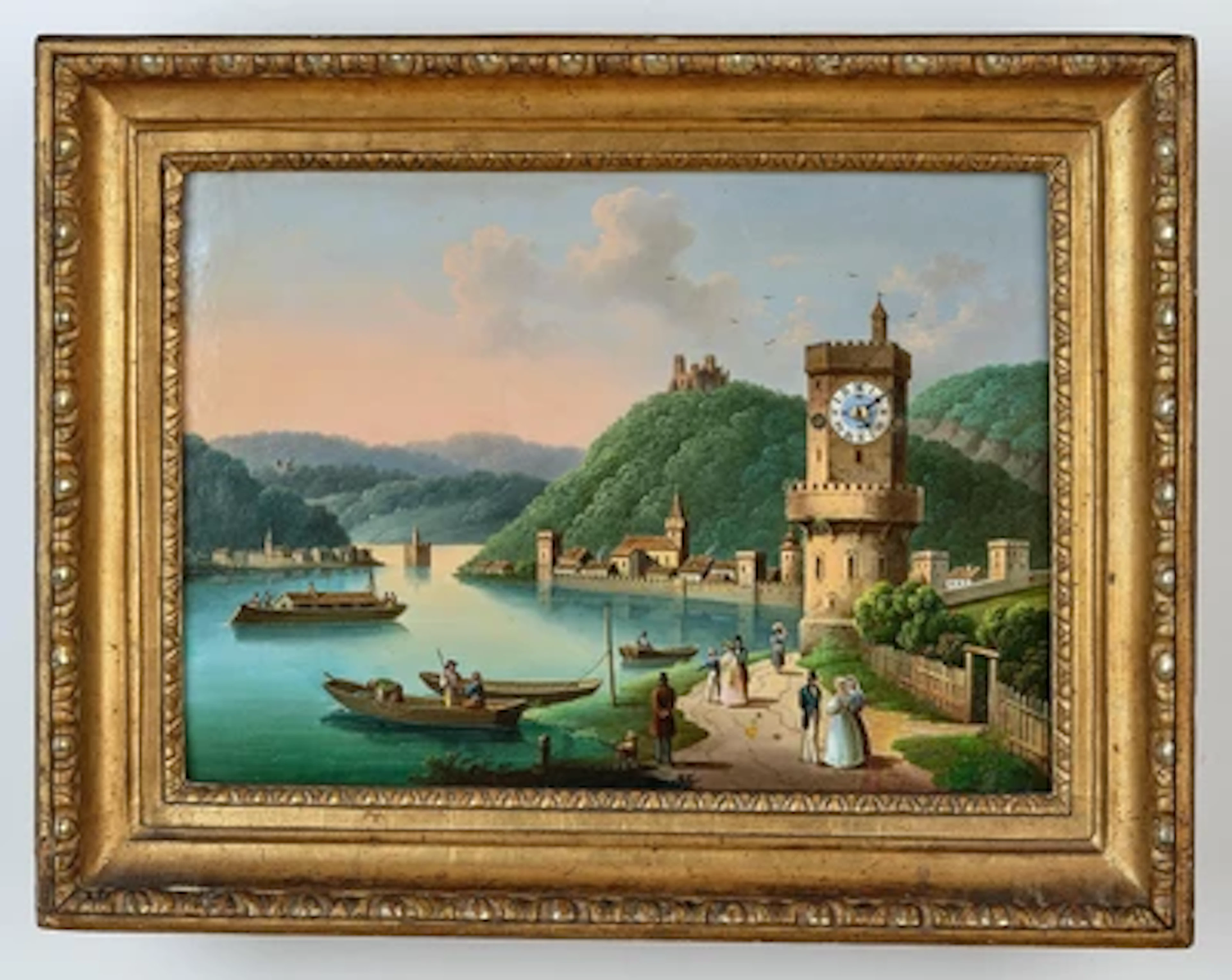 Kleine Biedermeier Bilderuhr mit Musikspielwerk "Blick auf Oberwesel am Rhein"