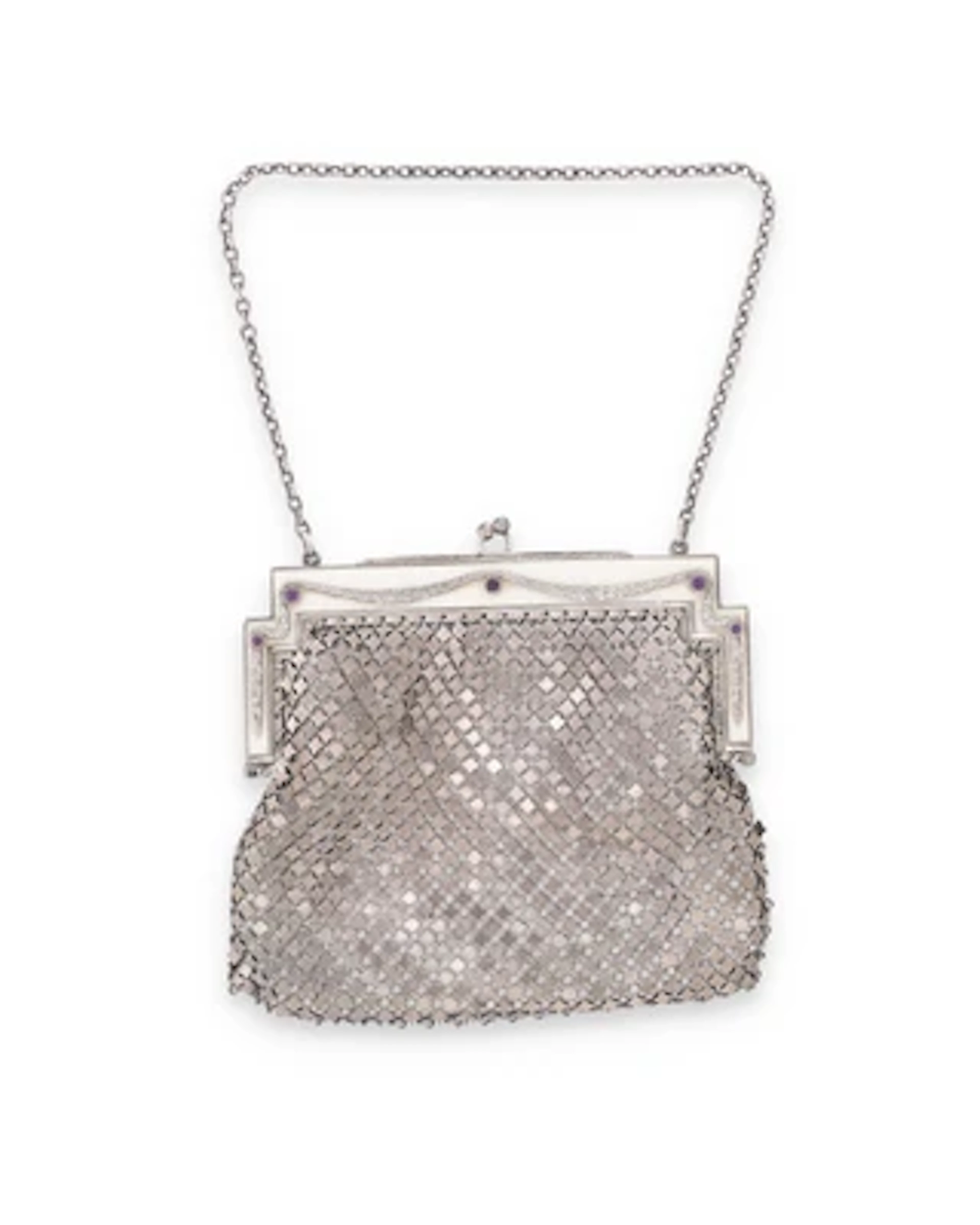 Abendtasche mit emaillierter Silbermontierung und Amethysten, Georg Adam Scheid, Wien, bis Mai 1922
