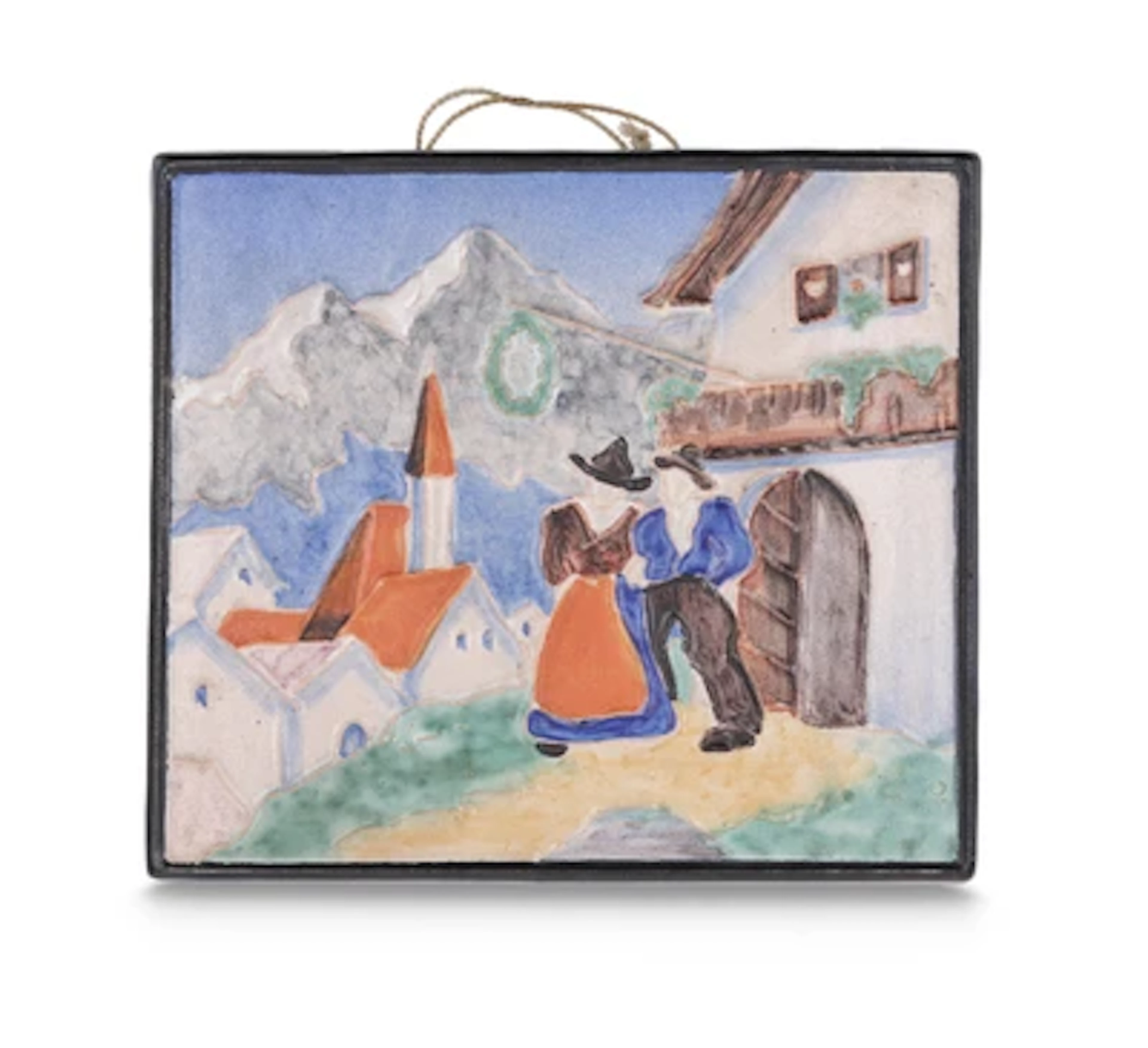 A wall tile with a couple in traditional costume and mountain village