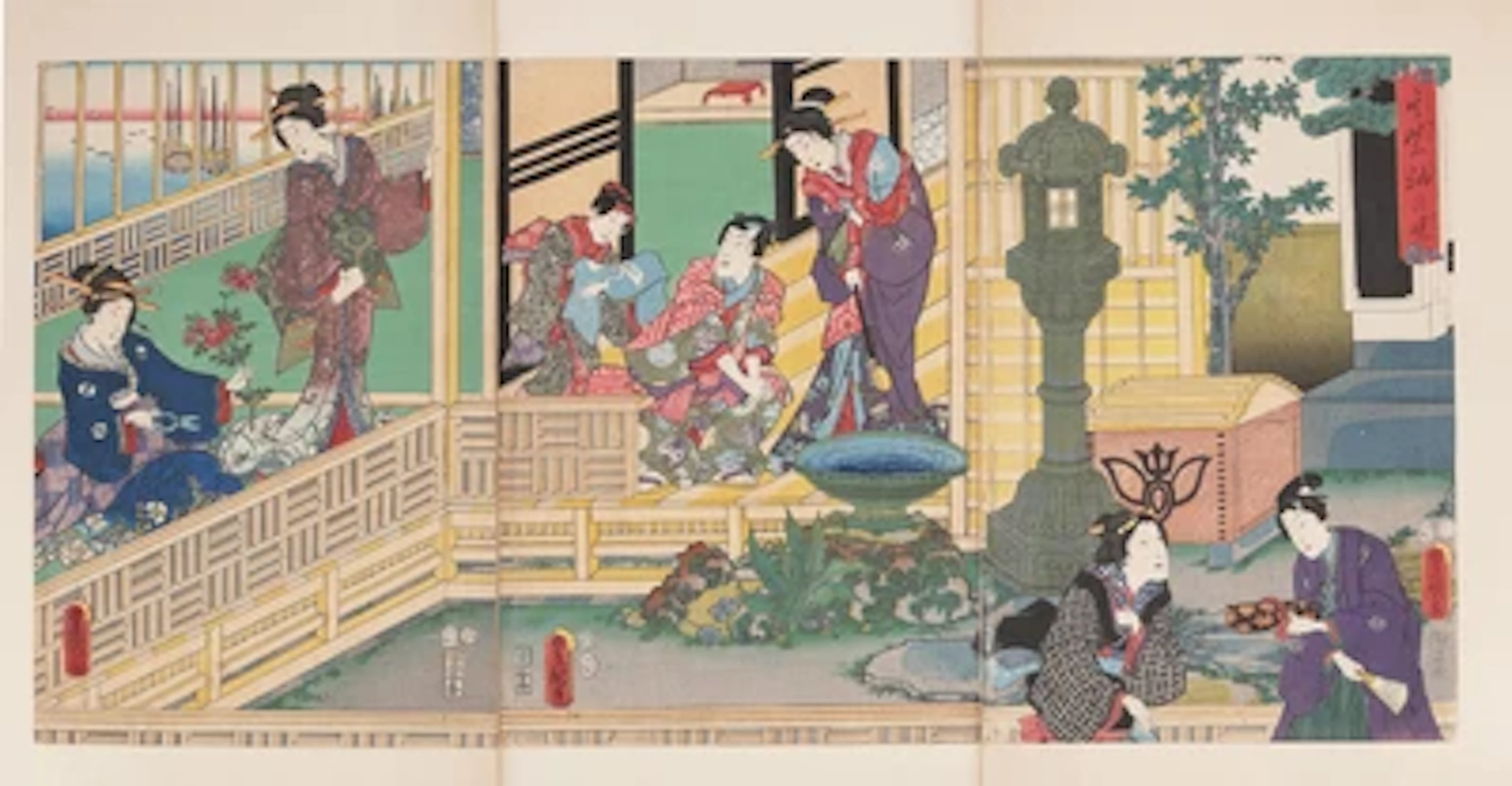Utagawa Kunisada I (1786- 1865), Triptych, Sono yukari sode no akebono