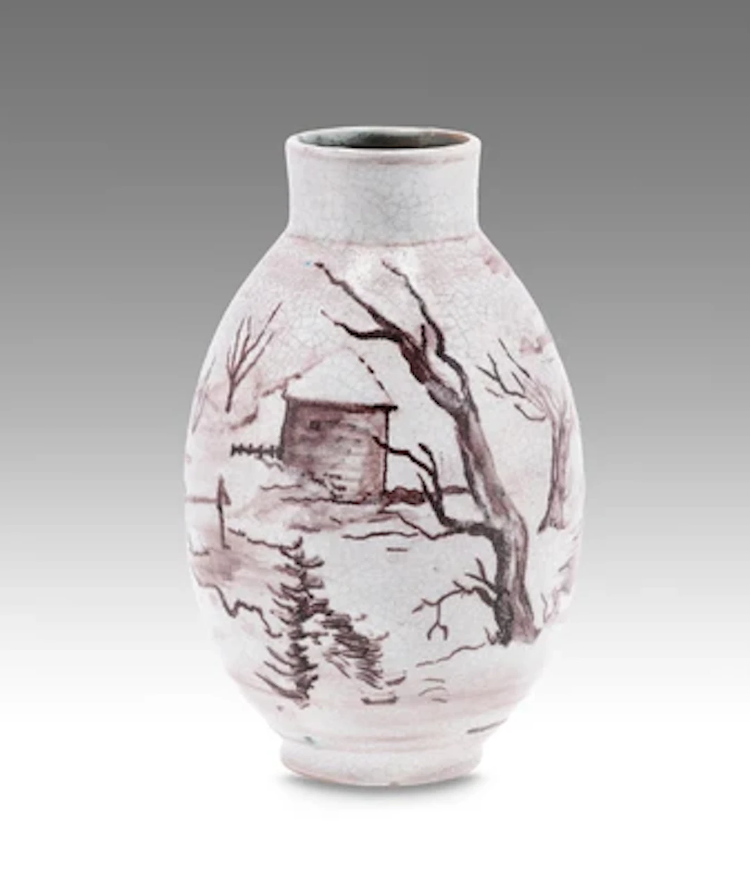 Ernst Huber, Vase mit Winterlandschaft, Schleiss Keramik, Gmunden, nach 1926