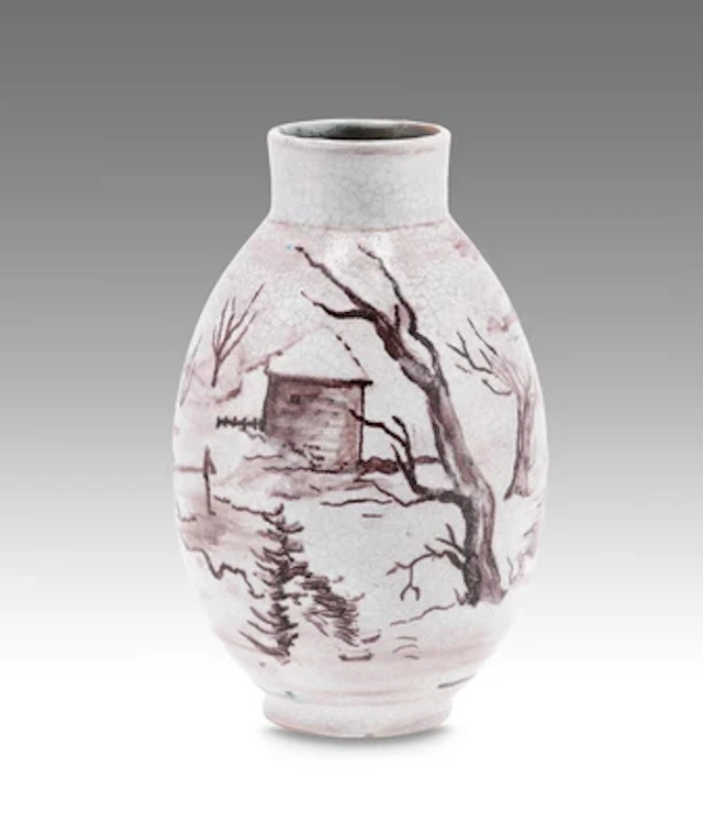 Ernst Huber, Vase mit Winterlandschaft, Schleiss Keramik, Gmunden, nach 1926