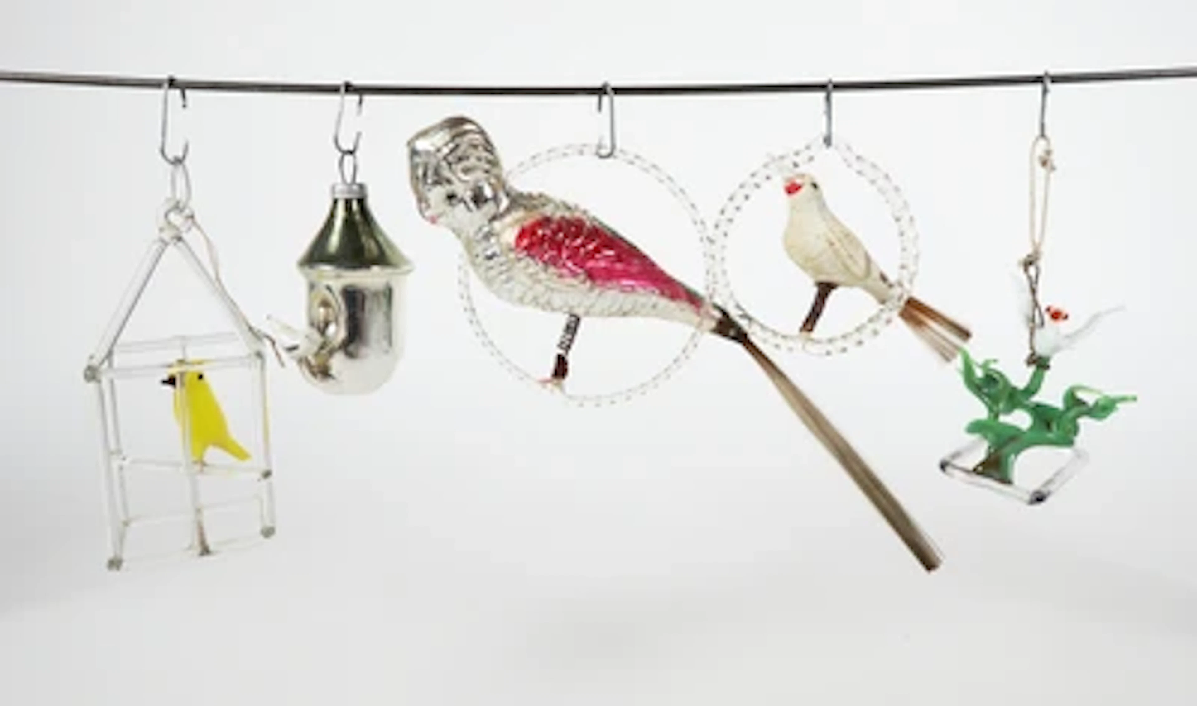 5 Stück Vogelmotive, Christbaumschmuck, Lauscha und Böhmen, um 1930