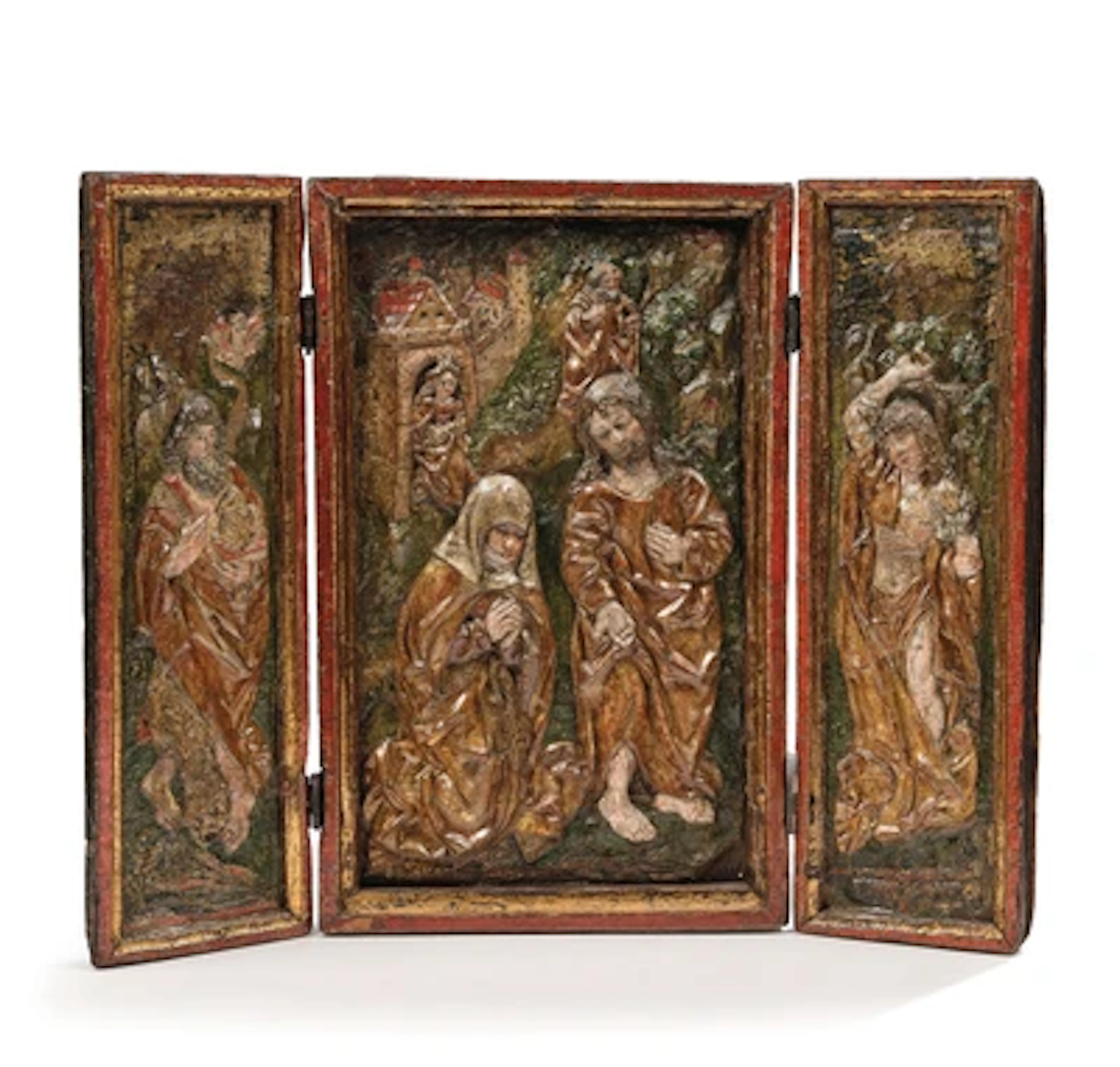 Spätgotischer Hausaltar mit Cartapesta Reliefen um 1500,