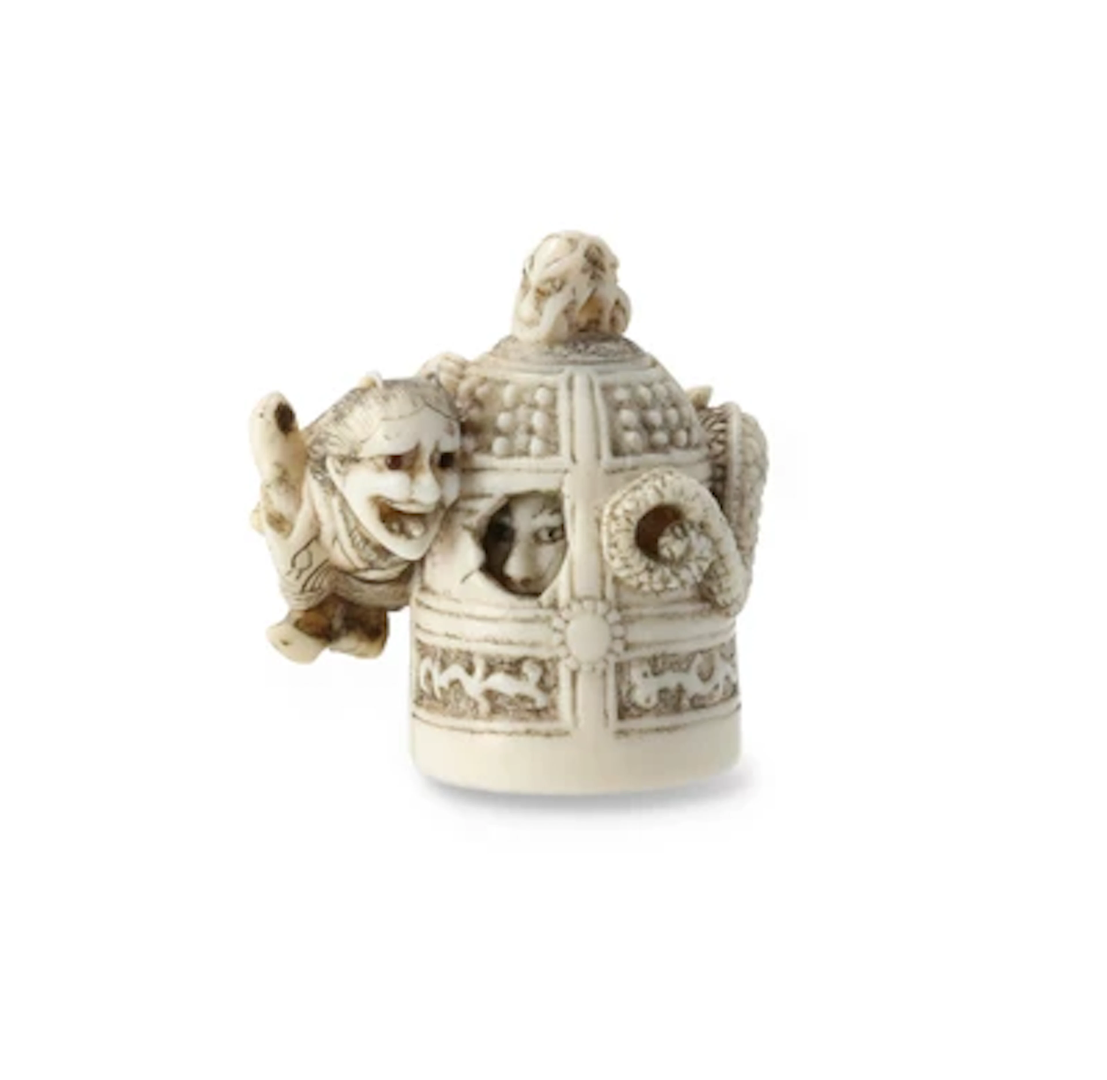 Netsuke der Kiyohime und Anchin, Japan, 19. Jh., signiert Unsho Hakuryu