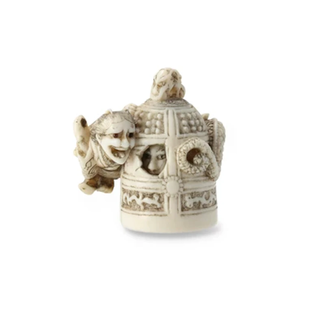 Netsuke der Kiyohime und Anchin, Japan, 19. Jh., signiert Unsho Hakuryu