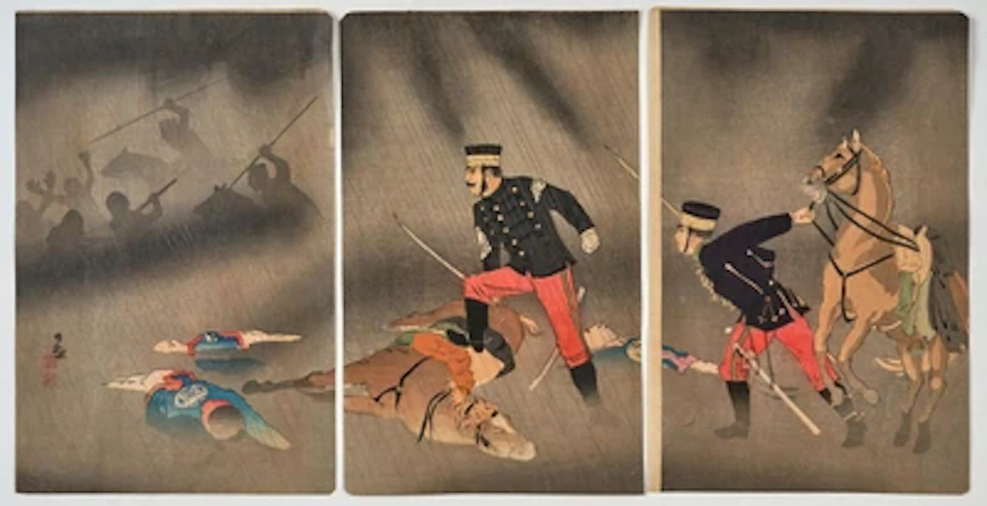 Kobayashi Kiyochika (1847- 1915) Triptch, Sekko Asakawa kihei-taii funto no zu
