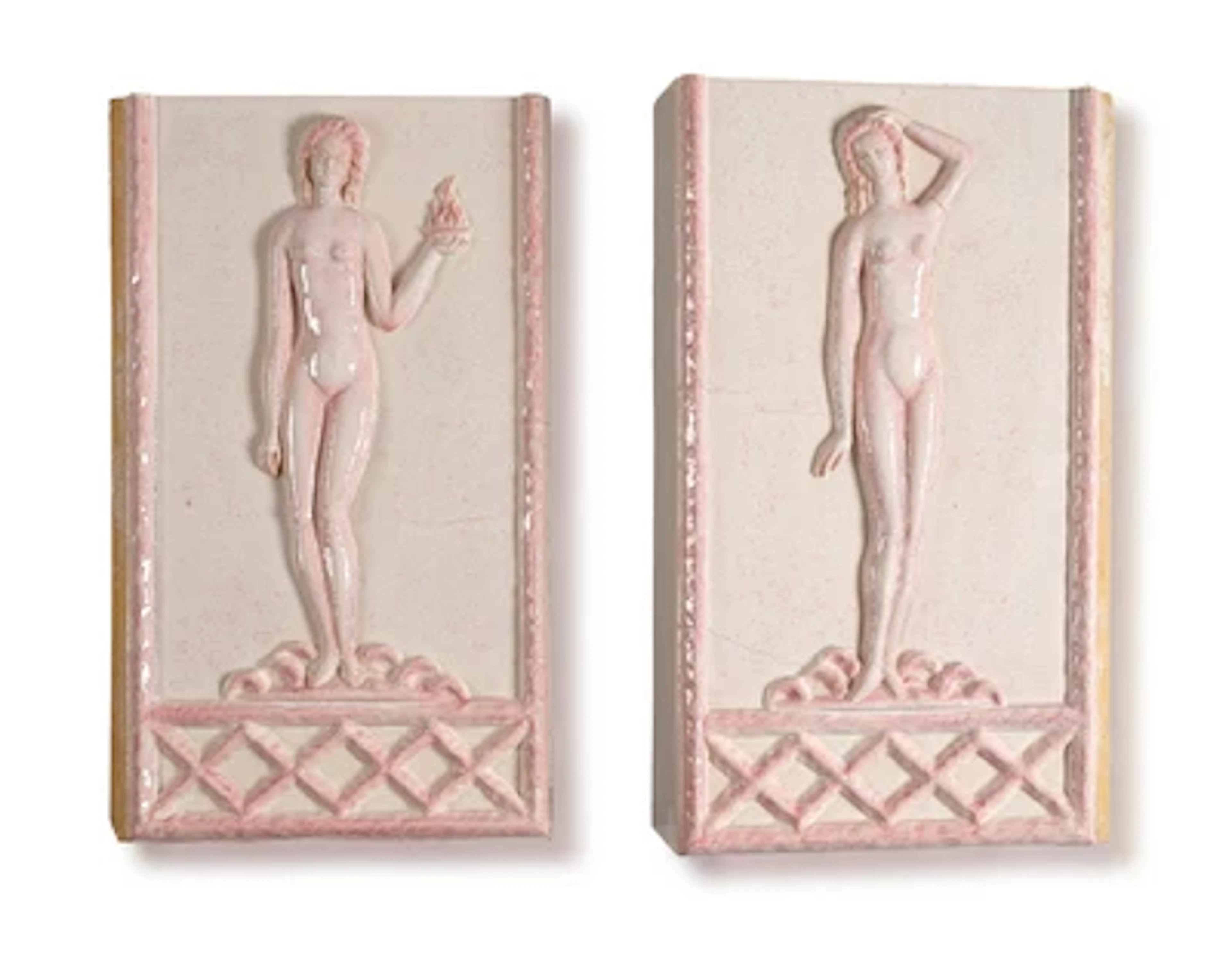 Two large tiles with female motifs, in the style of Dagobert Peche, c. 1920